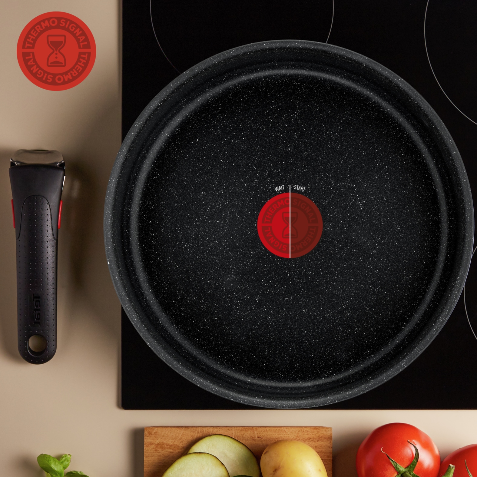 Tefal Topf-Set »L39996 Ingenio Black Stone, Topfset Induktion stapelbar, Antihaft«, Aluminium, (Set, 4 tlg., je 1 Stielkasserolle Ø 16/18/20 cm, 1 abnehmbarer Griff), Thermo-Signal bei idealer Brattemperatur, für alle Herdarten geeignet