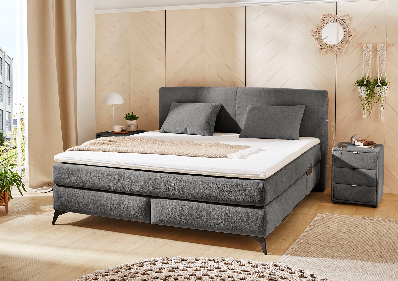 Jockenhöfer Gruppe Boxspringbett "KIRA, mit Taschenfederkernmatratze H3-H4 und Kaltschaum-Topper" inkl. LED-Beleuchtung & USB-Ladeports, Chenille Stoff, 160/180x200cm