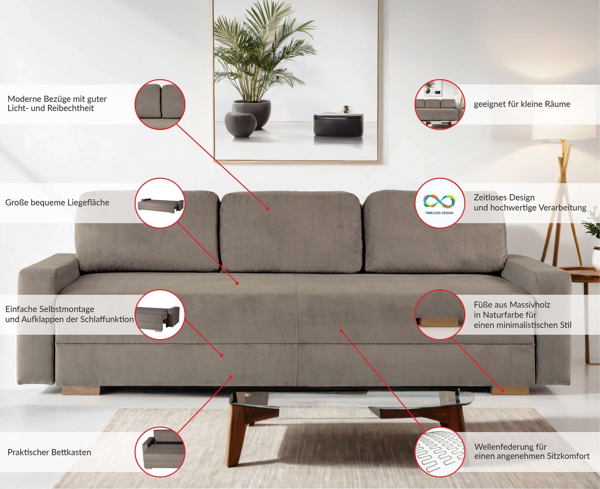 INOSIGN 3-Sitzer »SHERIDIAN Schlafsofa mit Bettkasten, in Feincord & Velvet«, mit Wellenunterfederung, moderne Bezüge, B/H/T 225/94/80