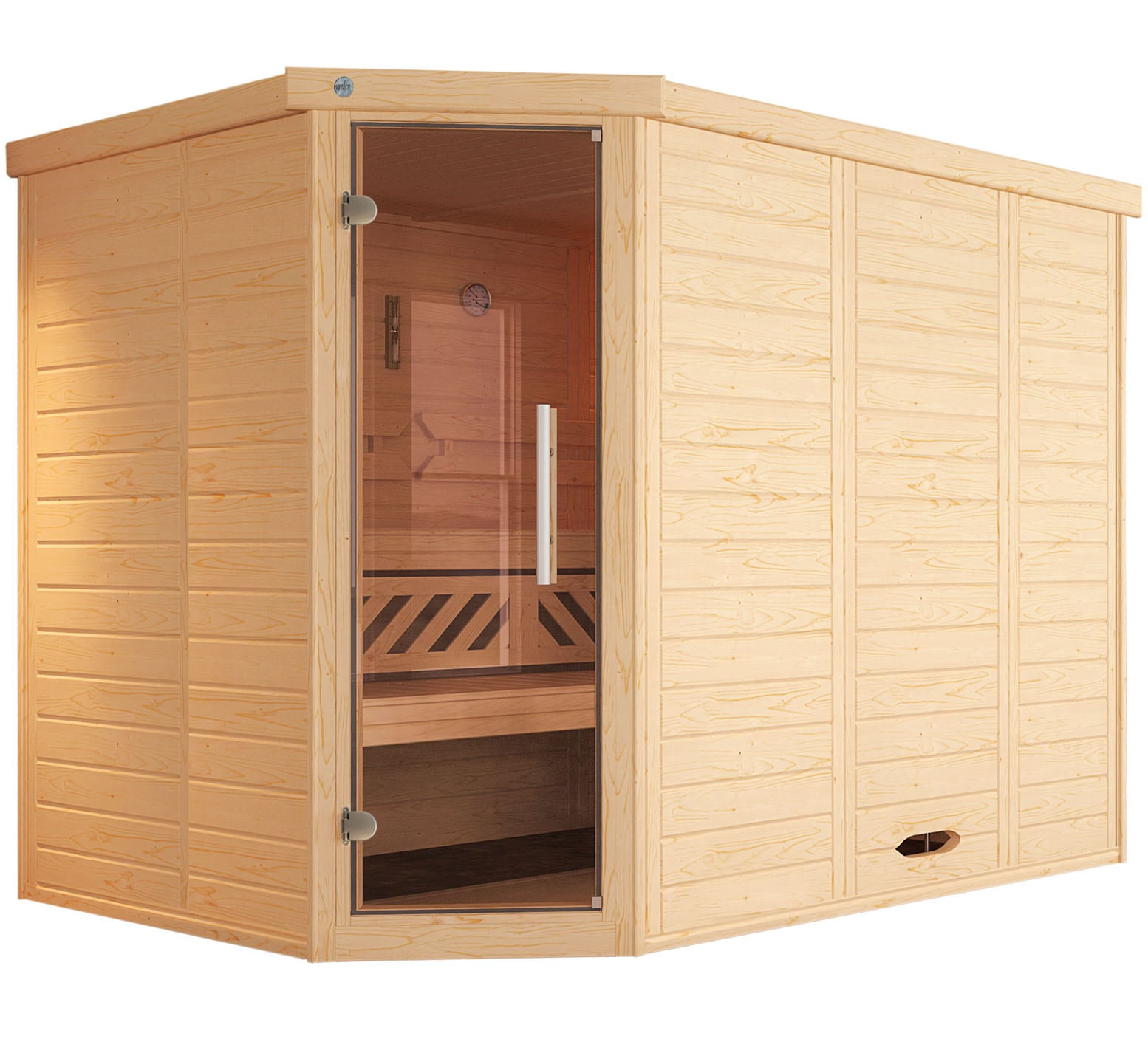 Sauna »Design-Sauna KEMI Eck 2«, Blockbohlen, vorgefertigte Elemente, moderne Ganzglastür