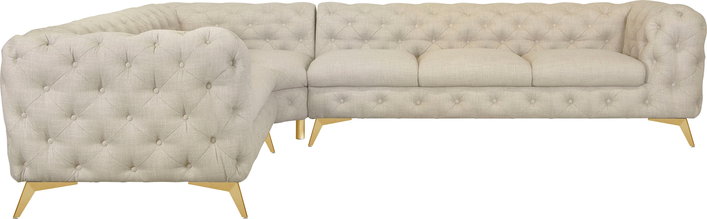 Leonique Chesterfield-Sofa »Ecksofa GLYNIS L-Form mit Wellenunterfederung, Maße B/T/H 323/264/75cm«, aufwändige Knopfheftung, moderne Chesterfield Optik, Fußfarbe wählbar