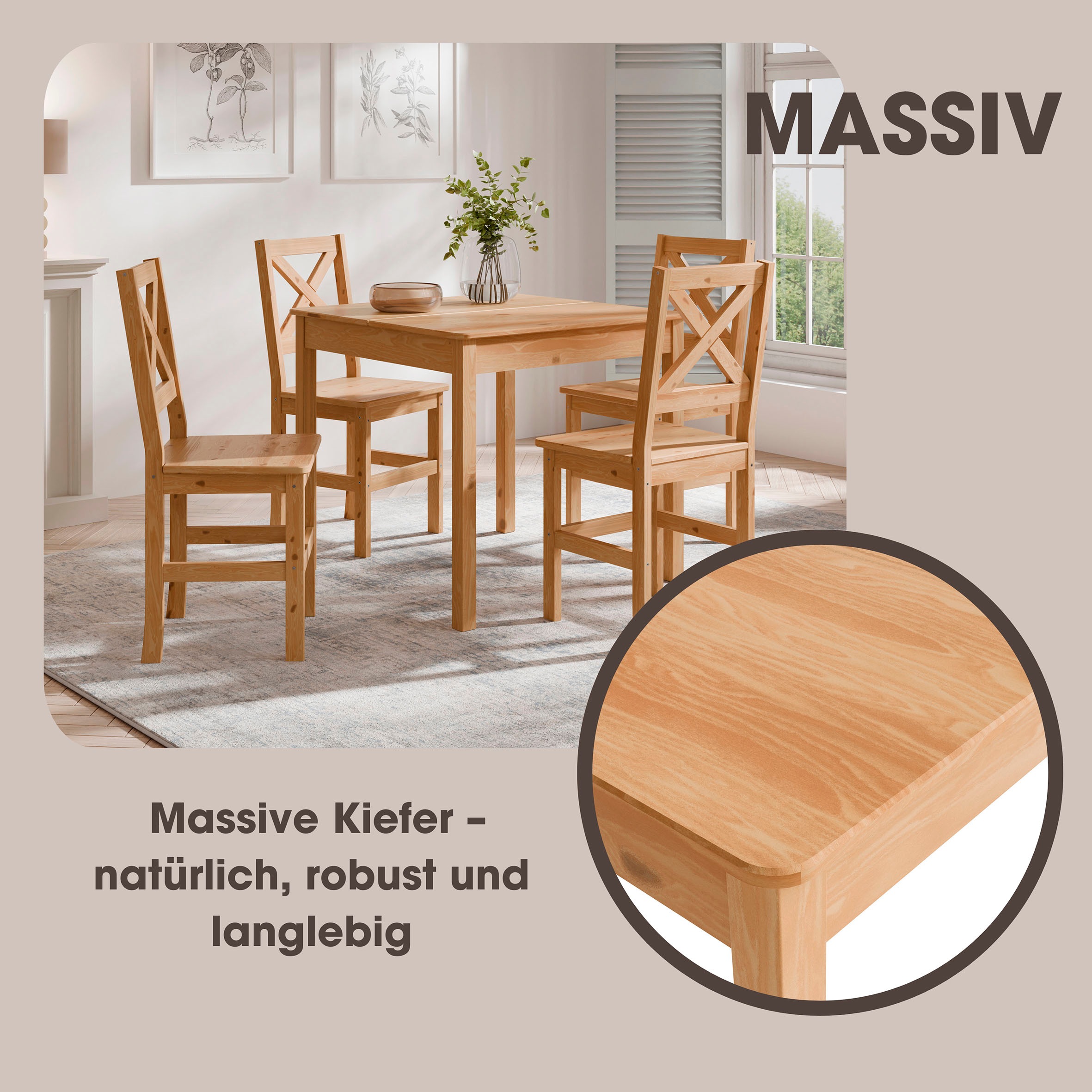 Home affaire Essgruppe »Malmö«, (Set, 5 tlg.), bestehend aus Tisch und Stühlen in Kiefer Massivholz naturfarbig