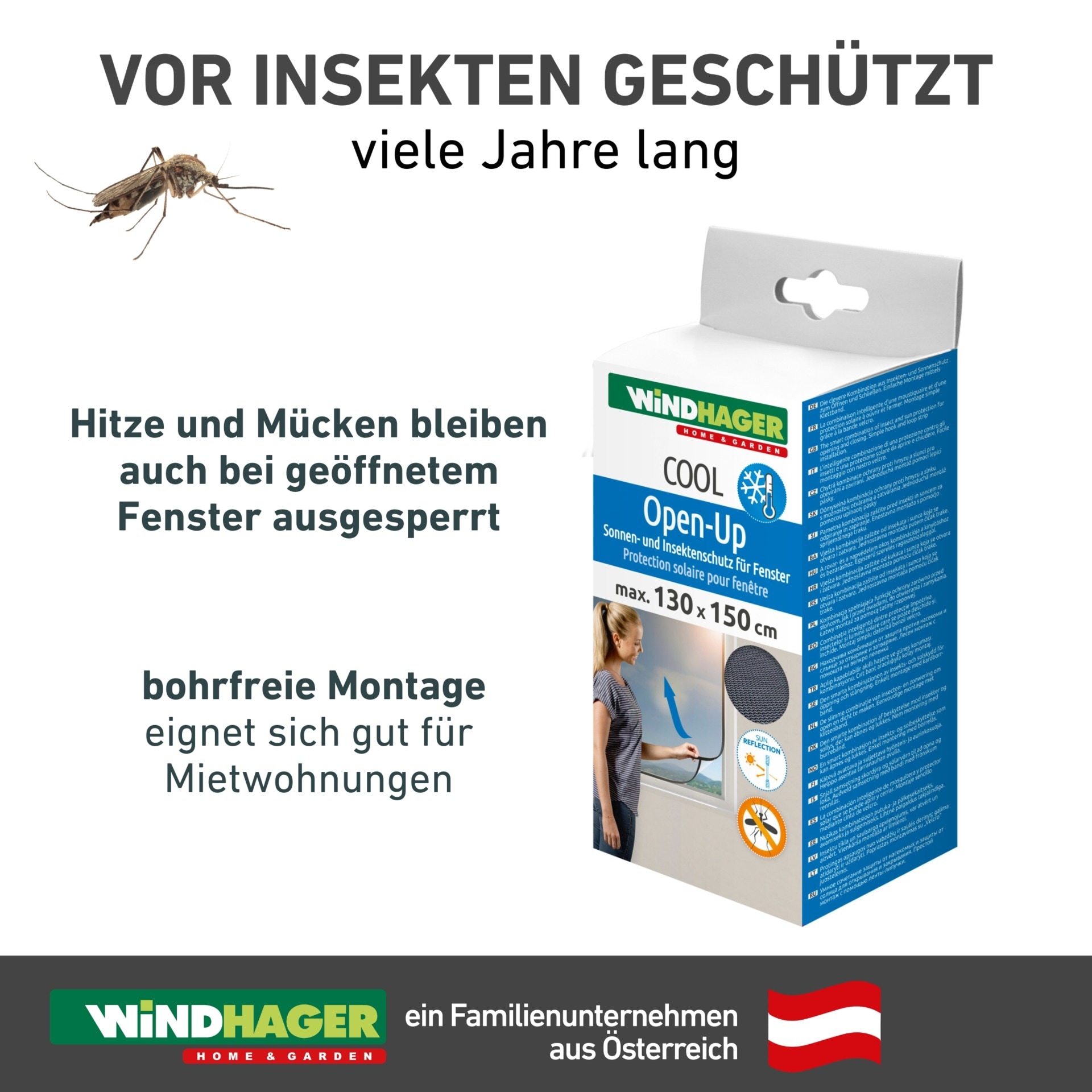 Windhager Fliegengitter-Gewebe »COOL, Sonnenschutz Fliegengitter Open-Up, einfaches Öffnen, Schließen« 1 Stk. tlg. reflektierender Insektenschutz ohne bohren, 130 x 150 cm, anthrazit