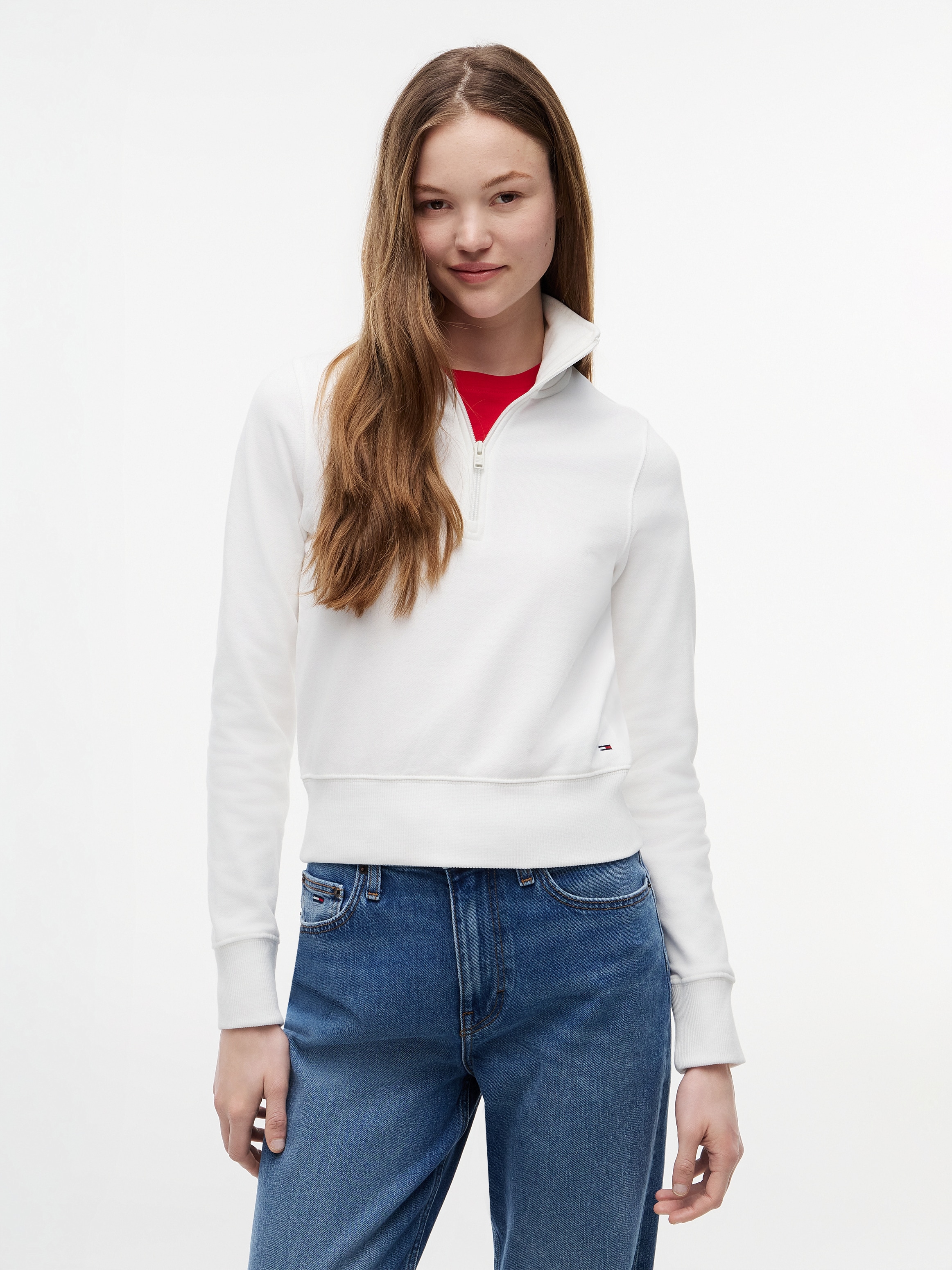 Tommy Jeans Sweatshirt "TJW SLIM S FLAG 1/4 ZIP MOCKNECK", Baumwolle, slim fit