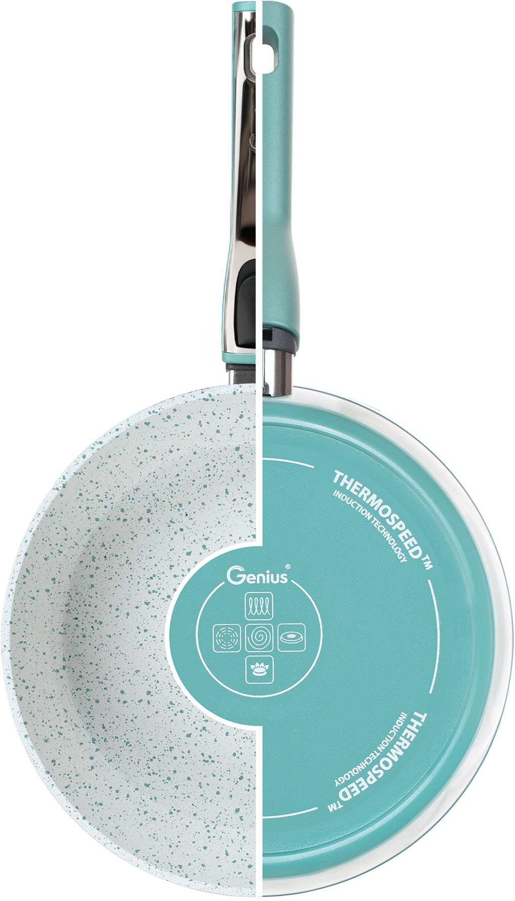 Pfannen-Set GENIUS "Cerafit Revolution Ø 24 cm 28 cm", grün (aquagrün), Pfannen, inkl. Glasdeckel und 2x Clia Genie Schwamm 3
