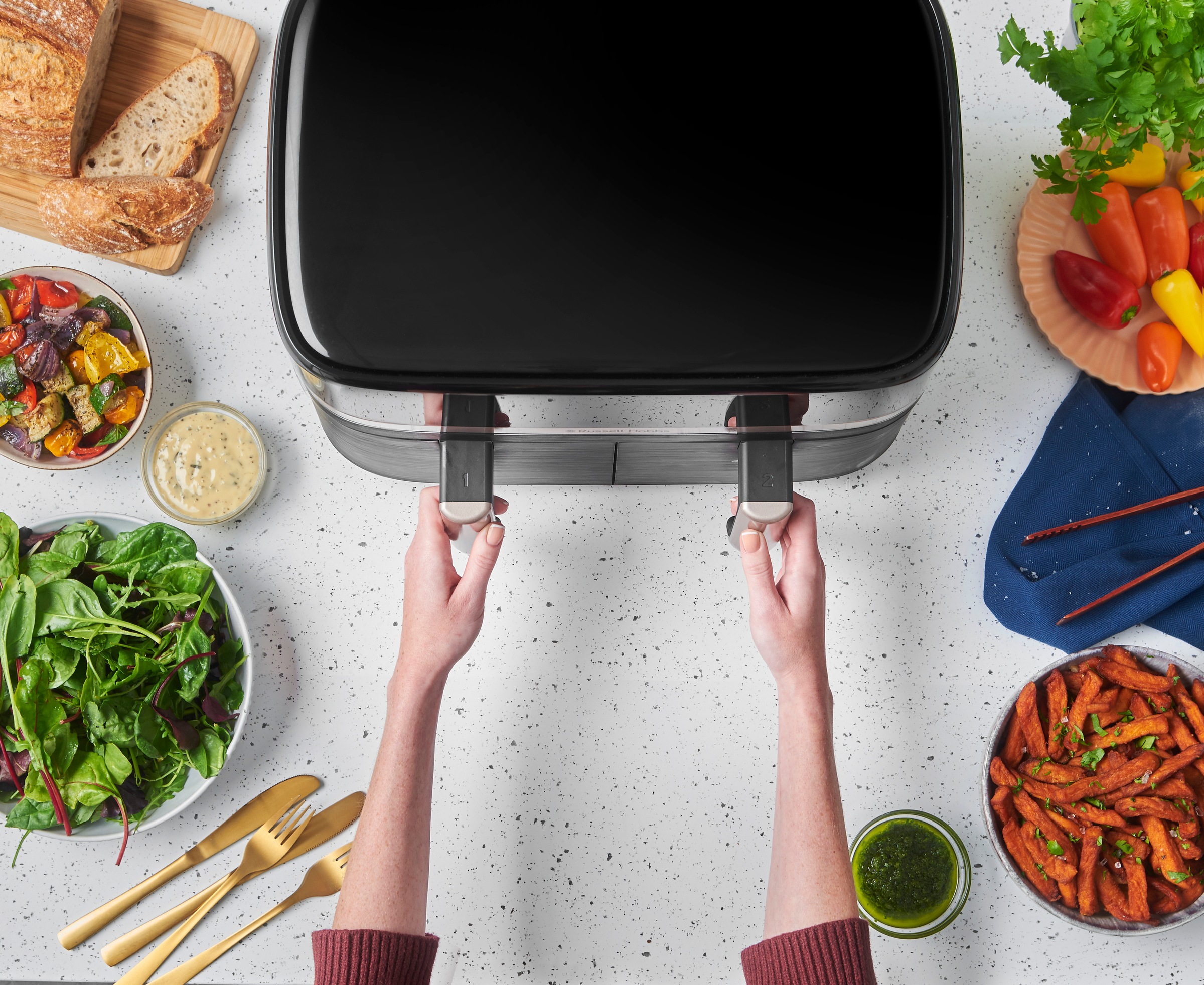 RUSSELL HOBBS Heißluftfritteuse »27680-56 s SatisFryTM Dual basket, 4,5L«, 2800 W, Fassungsvermögen 9 l, Airfryer–wenig oder kein Öl erforderlich, 9 Programme, 4,5 L