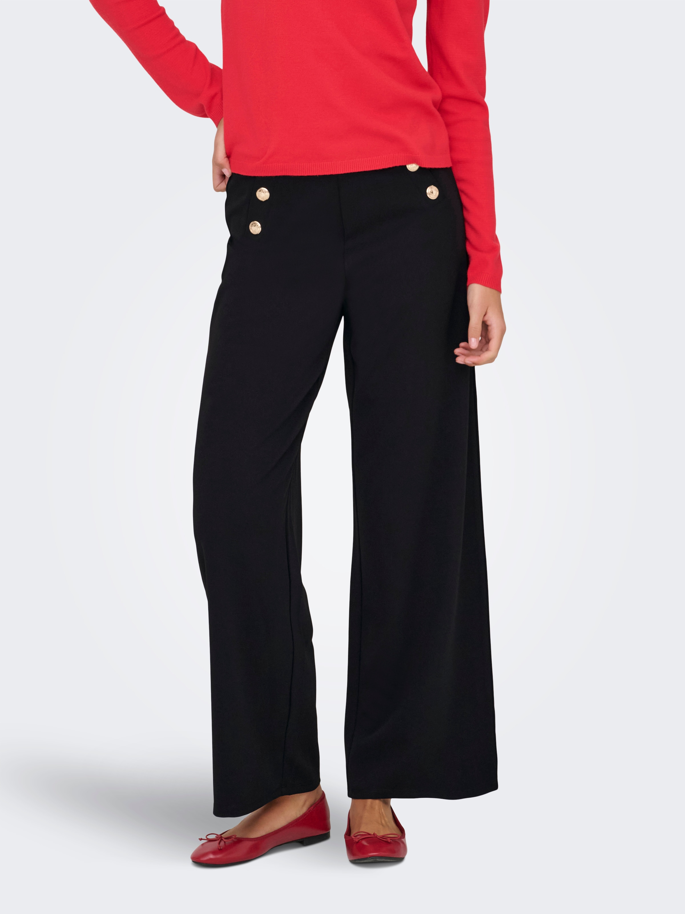 Anzughose ONLY "ONLTILDA LIFE 6-BUTTON PANTS JRS NOOS", Damen, Gr. L, Länge 32, schwarz detail:gold buttons, Jersey, Obermaterial: 95% Polyester, 5% Elasthan, unifarben, regular fit lang, Hosen Anzughose