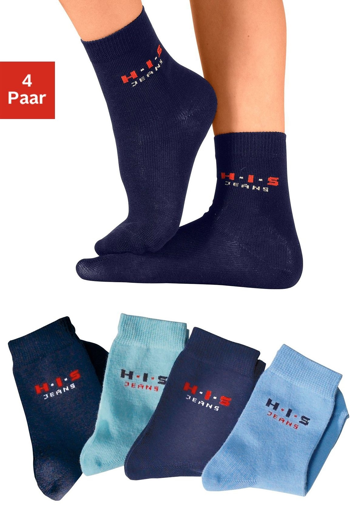 H.I.S Basicsocken "Kinder Damen Herren Socken natürliche Baumwolle" Packung, 4 Stk. tlg. mit kontrasfarbenem Logo