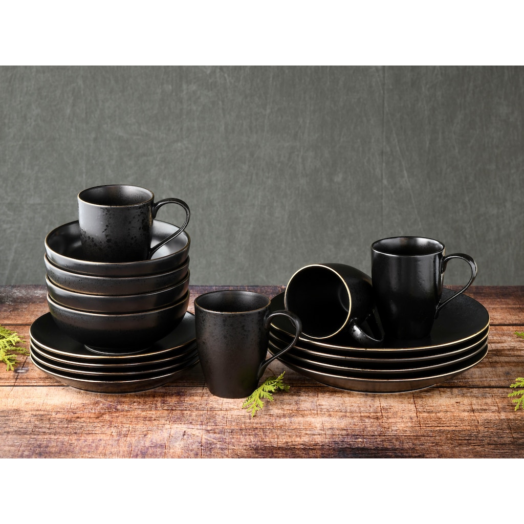 CreaTable Kombiservice »Geschirr-Set Industrial«, (Set, 16 tlg., Kaffeeservice und Tafelservice im Set, für 4 Personen), Service, schwarze, Goldrand, 16 Teile, für 4 Personen