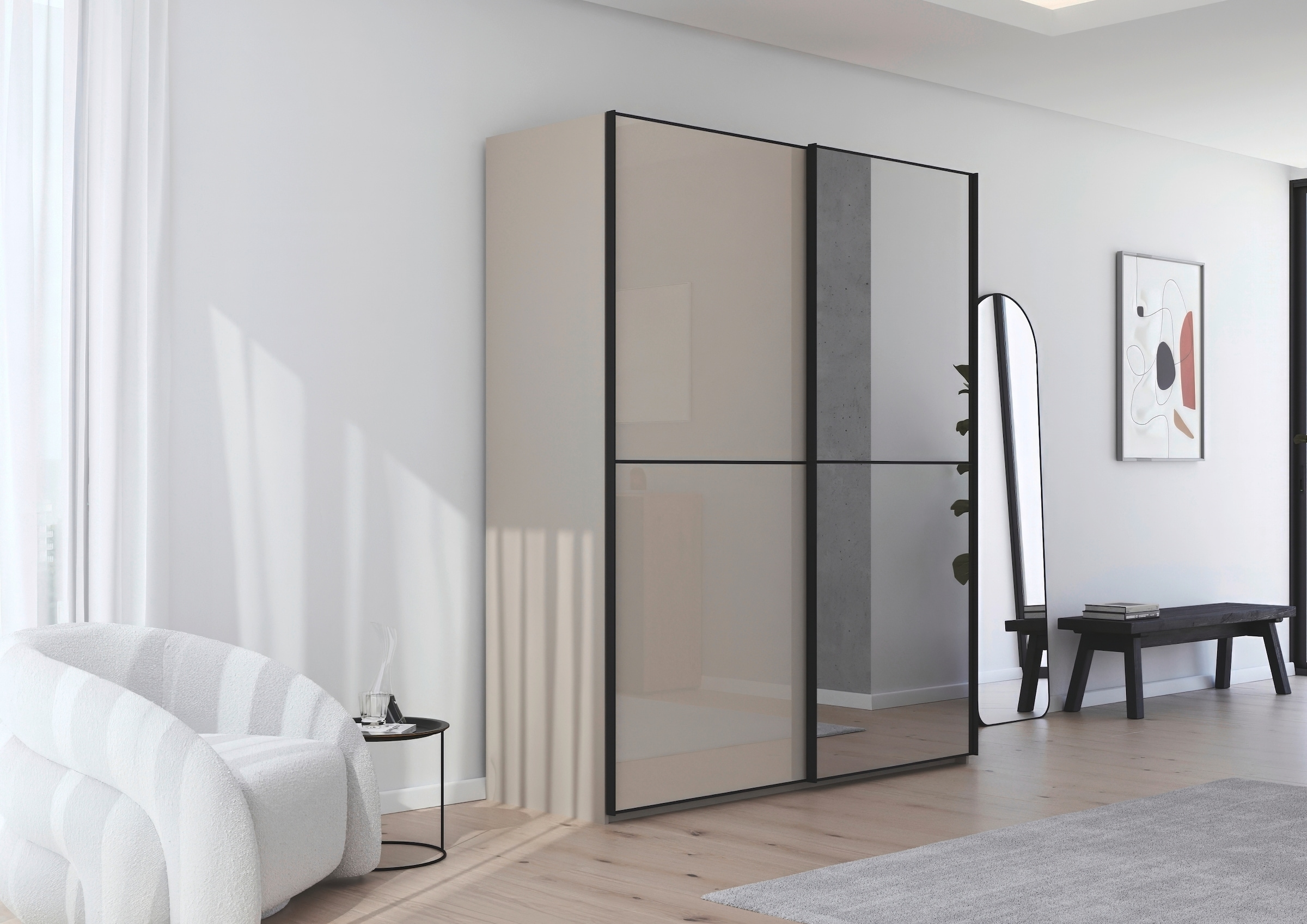 rauch Schwebetürenschrank »Kleiderschrank Schrank Garderobe Schlafzimmerschrank SCALE-DUO«, edle zweigeteilte Türen Spiegel/Glas-Mix 3 Zierleisten MADE IN GERMANY