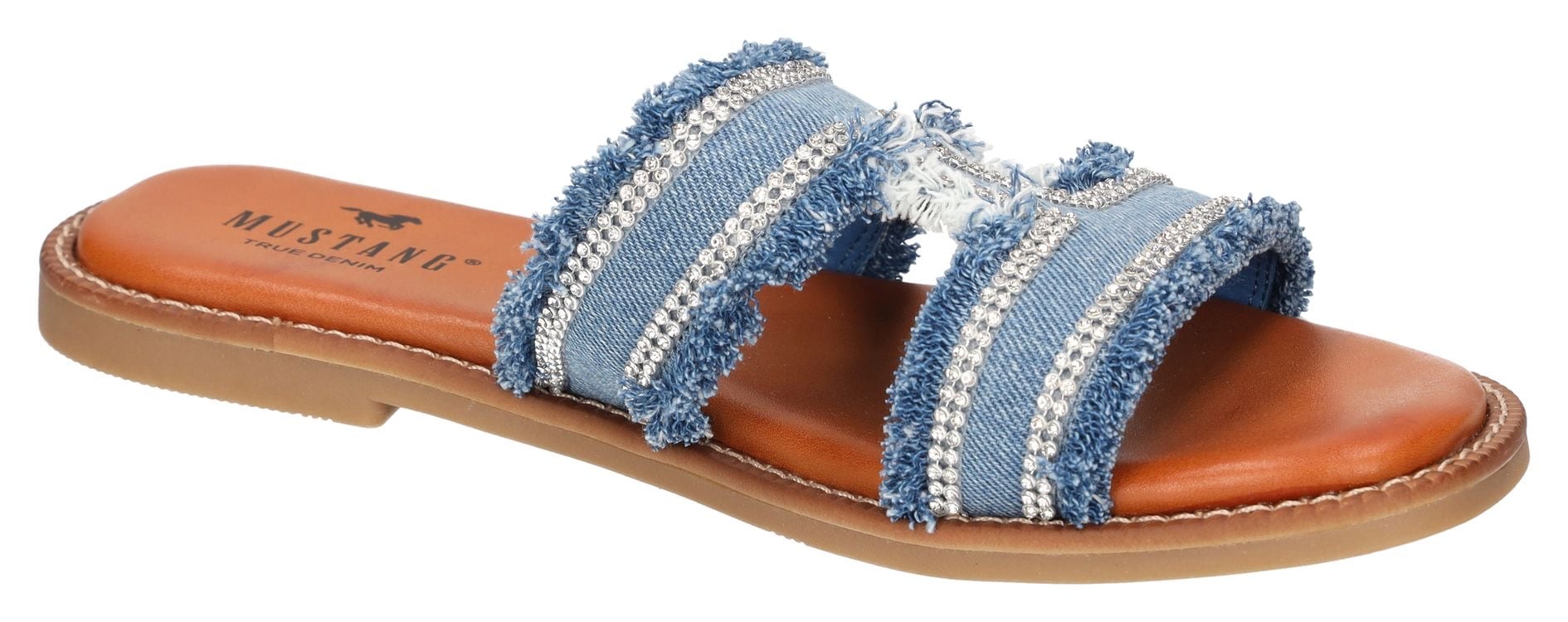 Mustang Shoes Pantolette, Flats, Sandale im Jeans-Look mit Strass-Steinchen verziert
