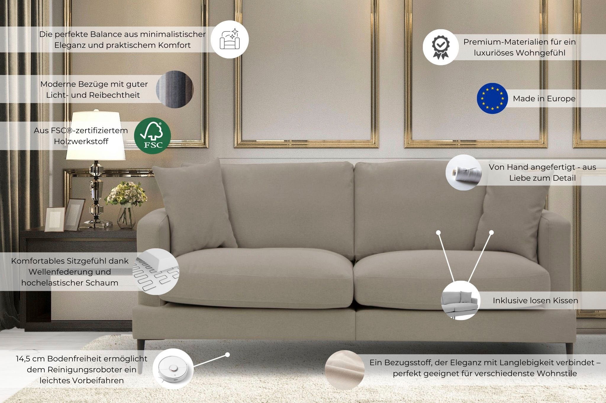 Leonique 2-Sitzer »Cozy elegantes Designsofa, Maße B/T/H: 151/97/80 cm«, mit losen Kissen und Metallbeinen