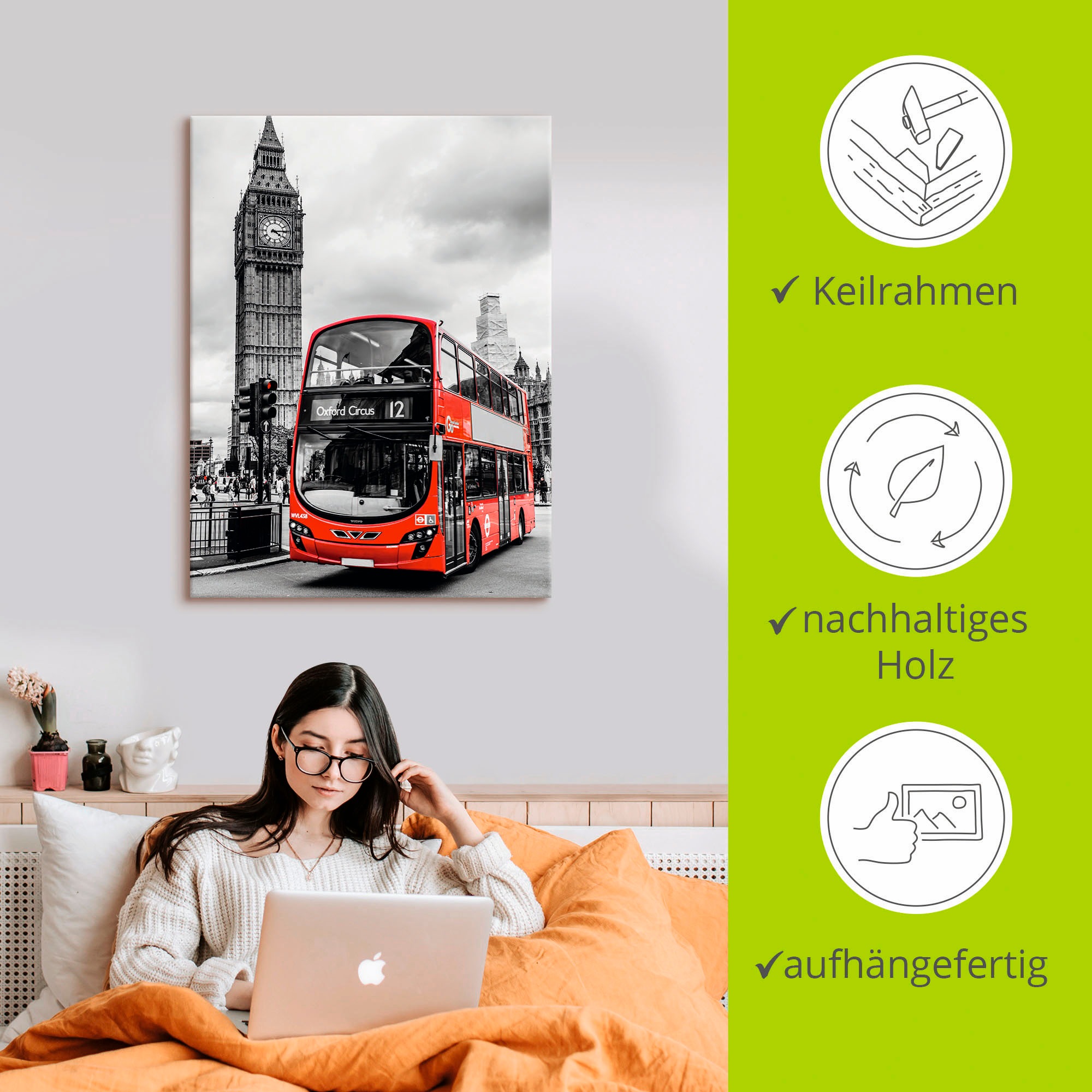 Artland Wandbild »London Bus und Big Ben«, Gebäude, (1 St.), als Leinwandbild, Poster in verschied. Größen