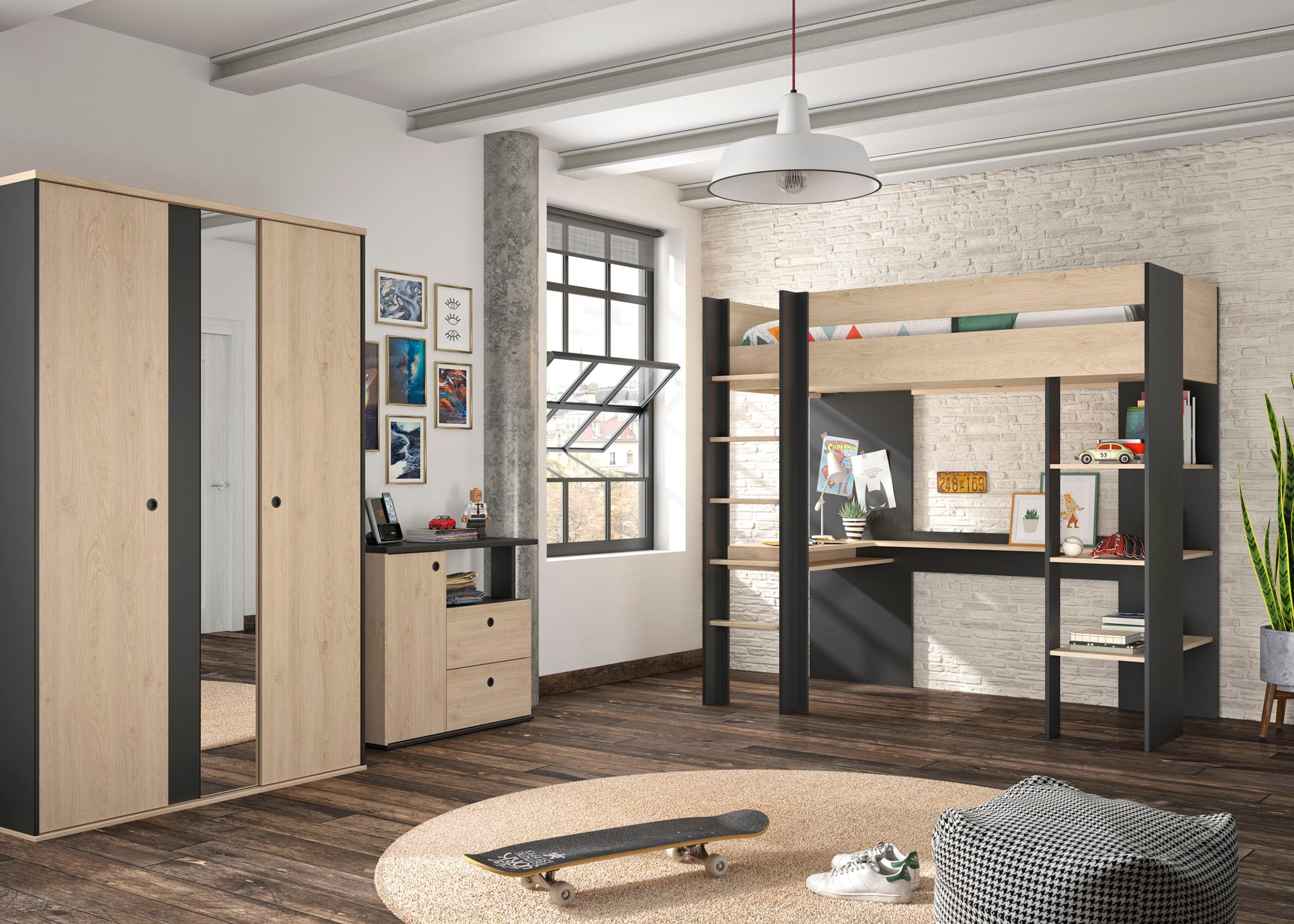 Gami Jugendzimmer-Set "Duplex", (3 tlg., Kleiderschrank, Kommode, Hochbett)