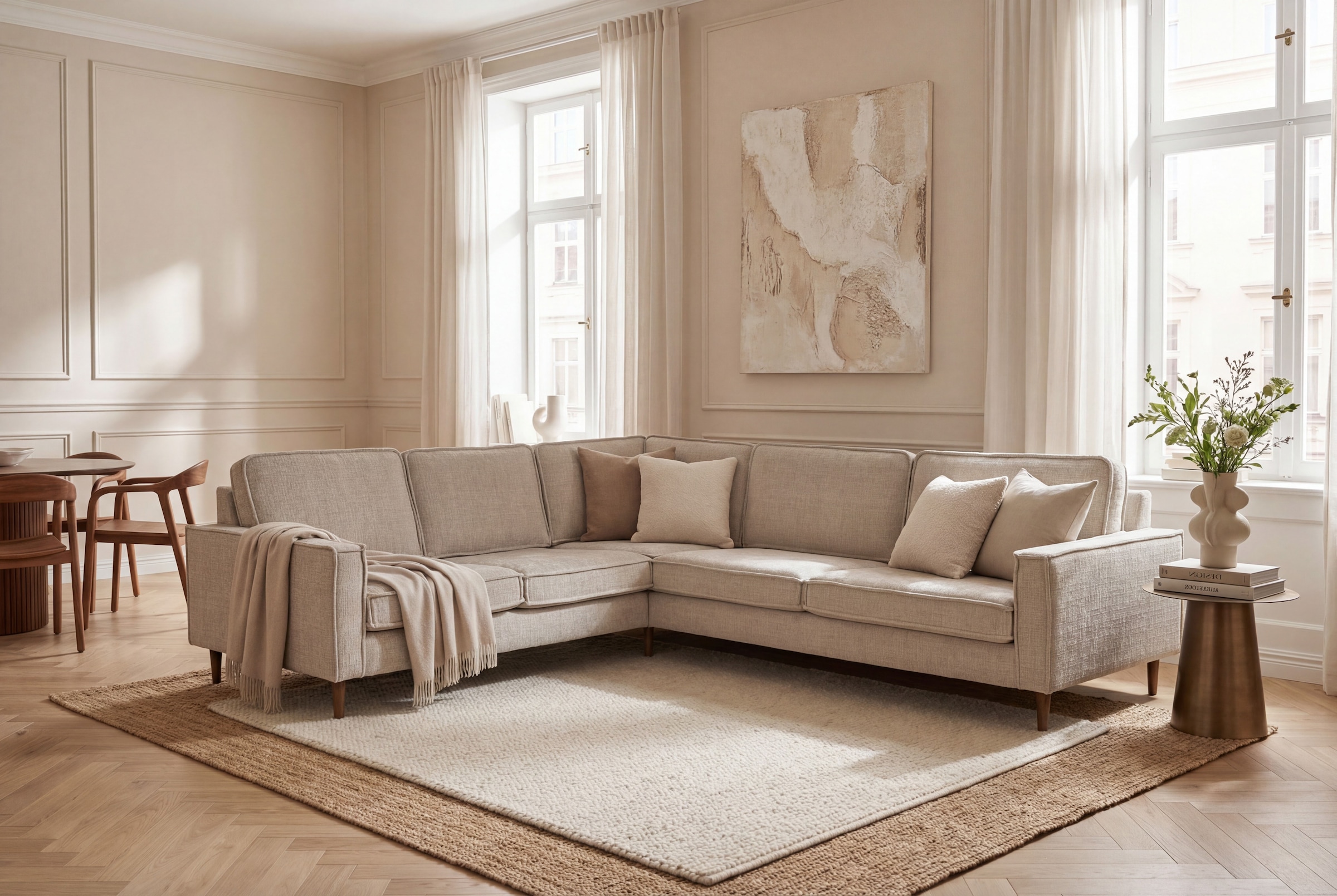 OTTO home Ecksofa "Pinto Skandi, 290 cm, Chenille, Struktur, Ottomane links / rechts" mit Keder, Massivholzfüße Eiche geräuchert, Wellenunterfederung