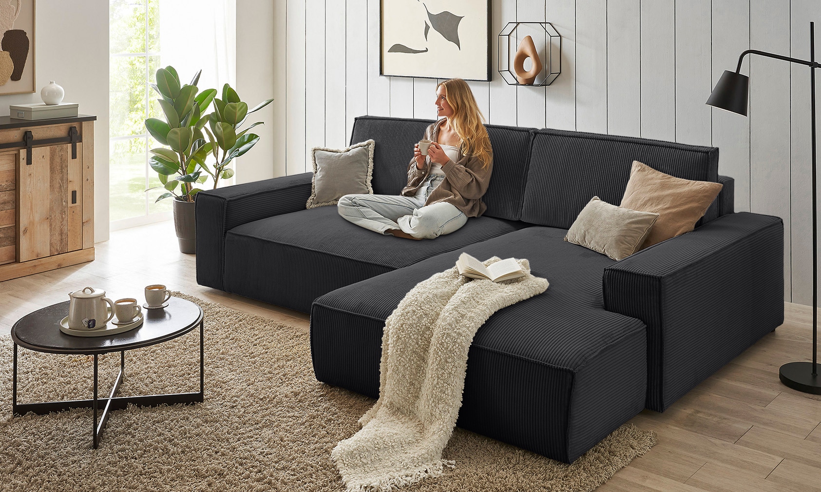 OTTO home Ecksofa "SHERWOOD XXL Cord 284, Big-Sofa L-Form, tiefe Sitzfläche 95 cm" Recamiere rechts/links, als Schlafsofa stellbar, Cord u. Leinenoptik