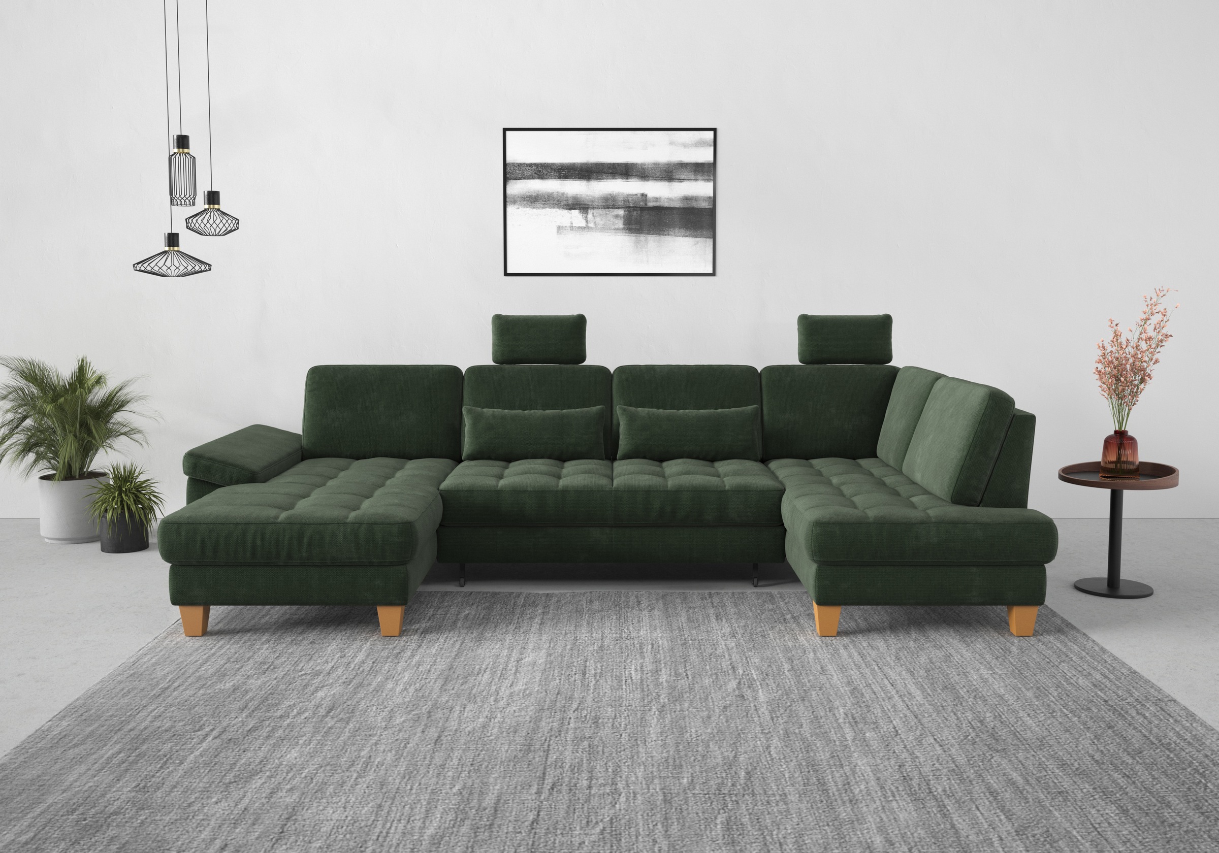 Wohnlandschaft SIT & MORE "Westham U-Form", grün (jungle), B:338cm H:88cm T:172cm, 90% Polyester 10%Polyamid, Sofas, Wohnlandschaft, wahlweise mit Bettfunktion, Bettkasten, Sitztiefenverstellung