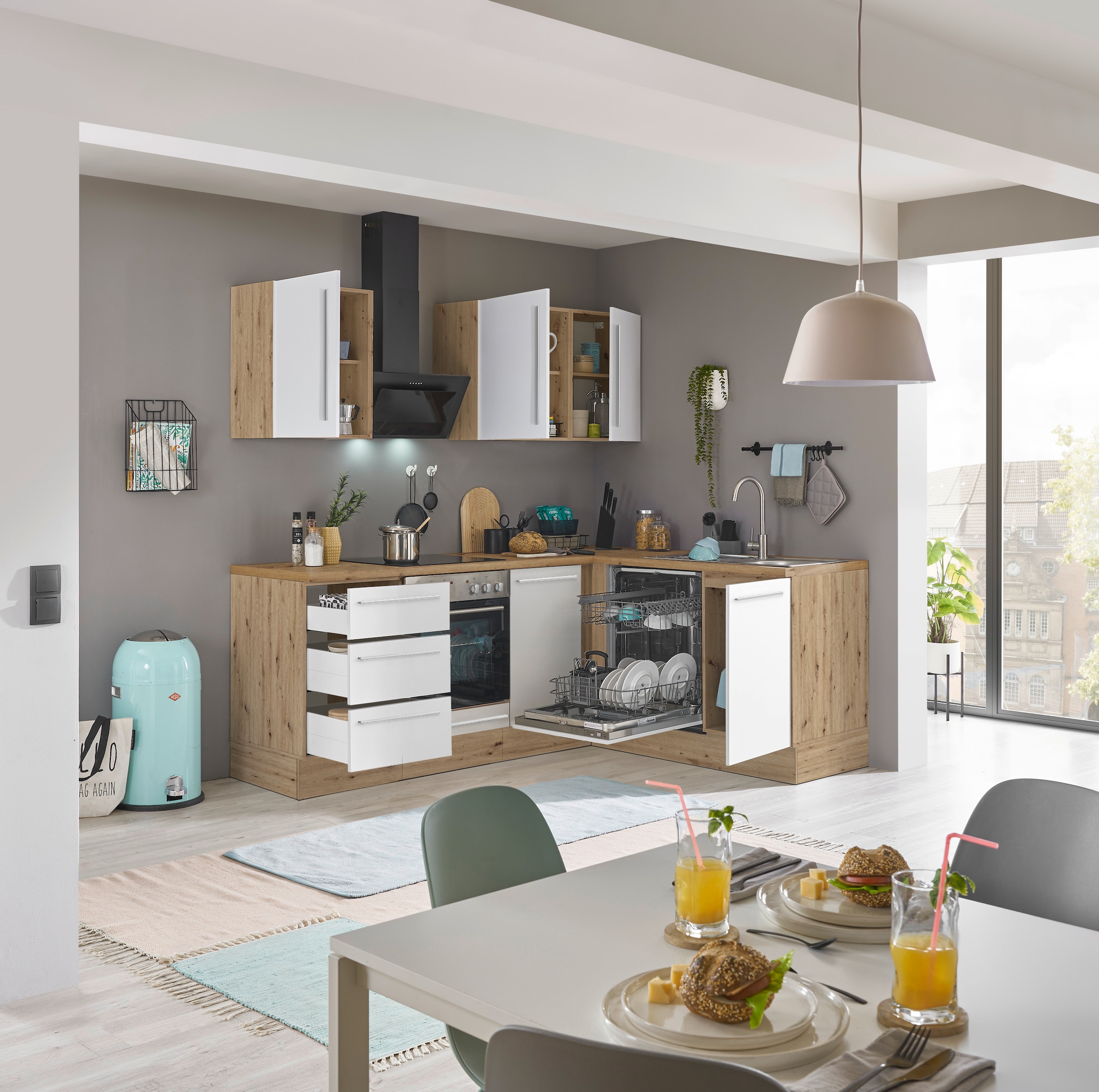 KOCHSTATION Winkelküche »Florida, Stellbreite 220x175 cm«, wahlweise mit E-Geräten, mit Softclose für Türen und Schubkästen