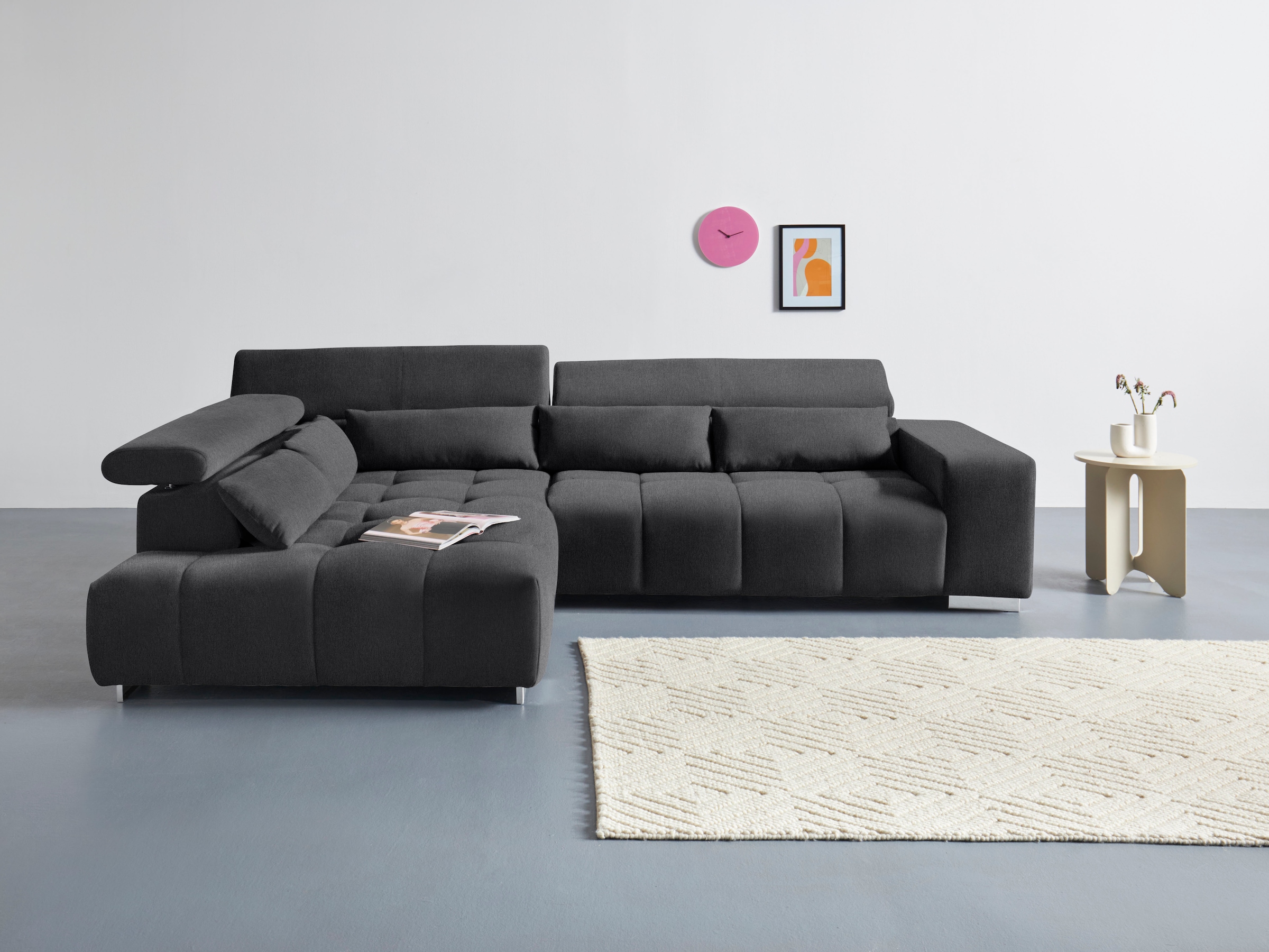 COTTA Ecksofa "Orion L-Form, B: 310 cm, moderne Steppung, bequeme Wellenunterfederung" Kopfteilverstellung & 5 Nierenkissen