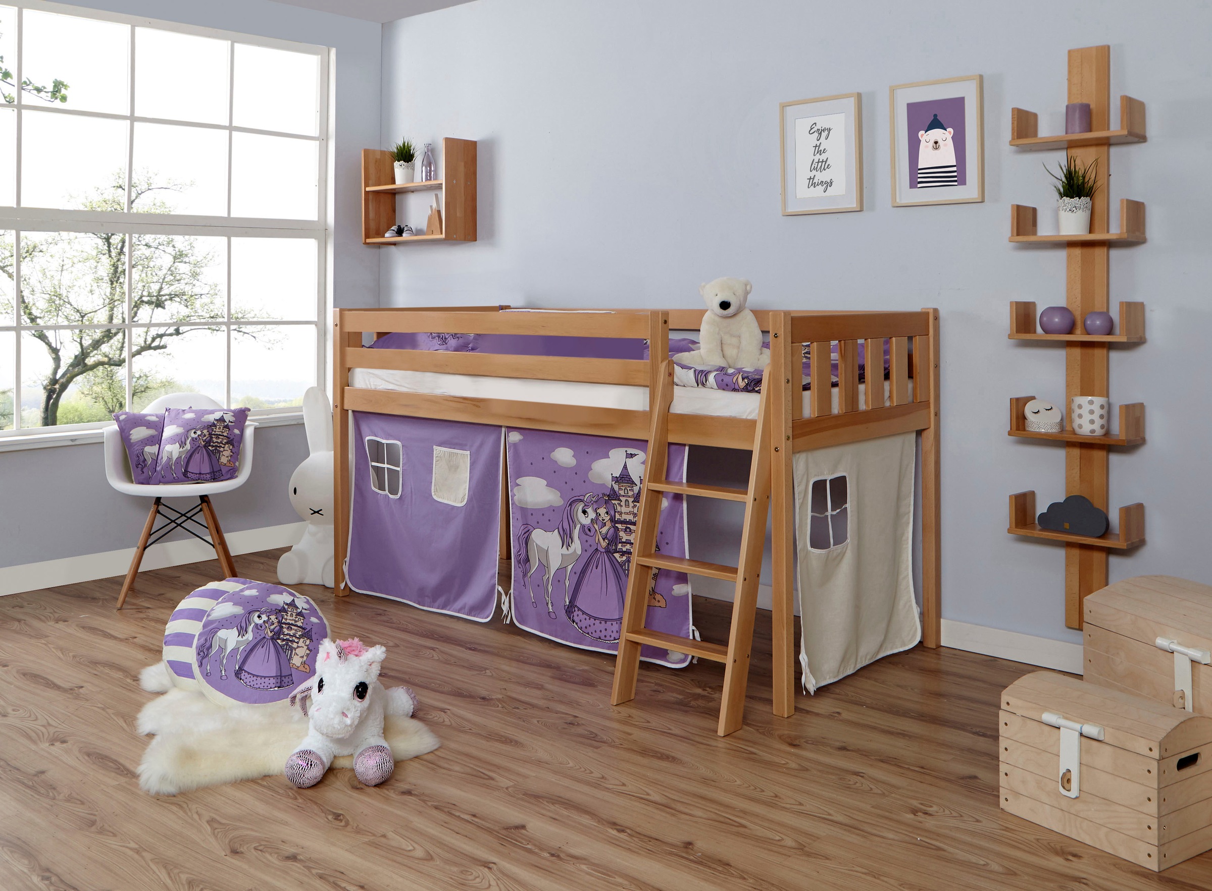 Ticaa Hochbett »Eric«, mit Rollrost und Textil-Set wahlweise mit Matratze, Buche