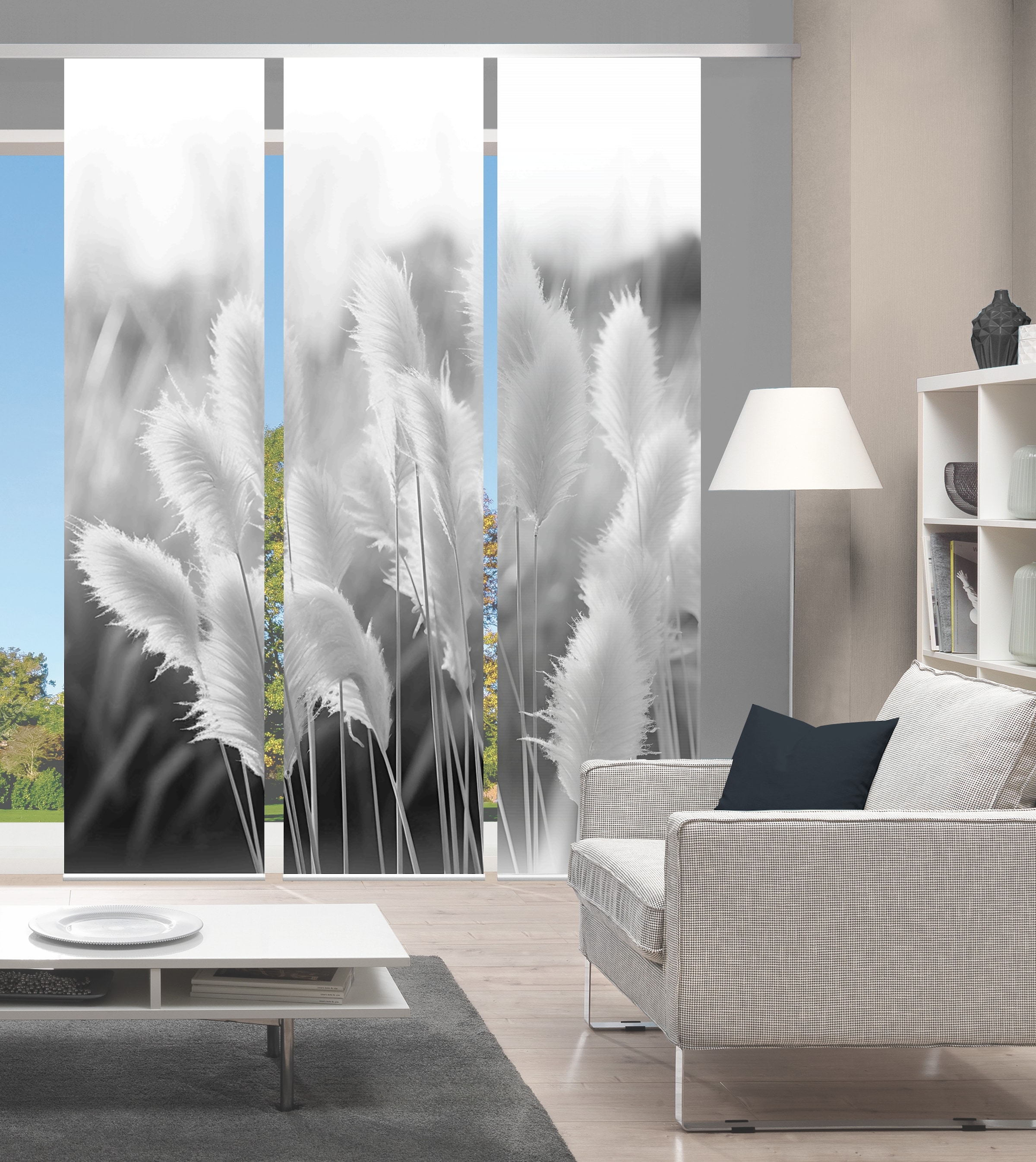 Schiebegardine VISION, B:60cm H:260cm, grau, Polyester, Wohnzimmer, Gardinen, "DINORA 3ER SET", SET SCHIEBEVORHANG, BAMBUS, DIGITALDRUCK
