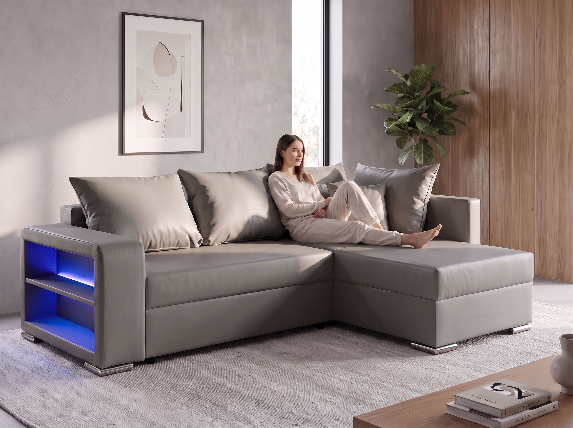 COLLECTION AB "John L-Form, B: 226 cm, Schlaffunktion & Bettkasten" Regalelement mit Licht, Couch mit Federkern, 2 Zierkissen