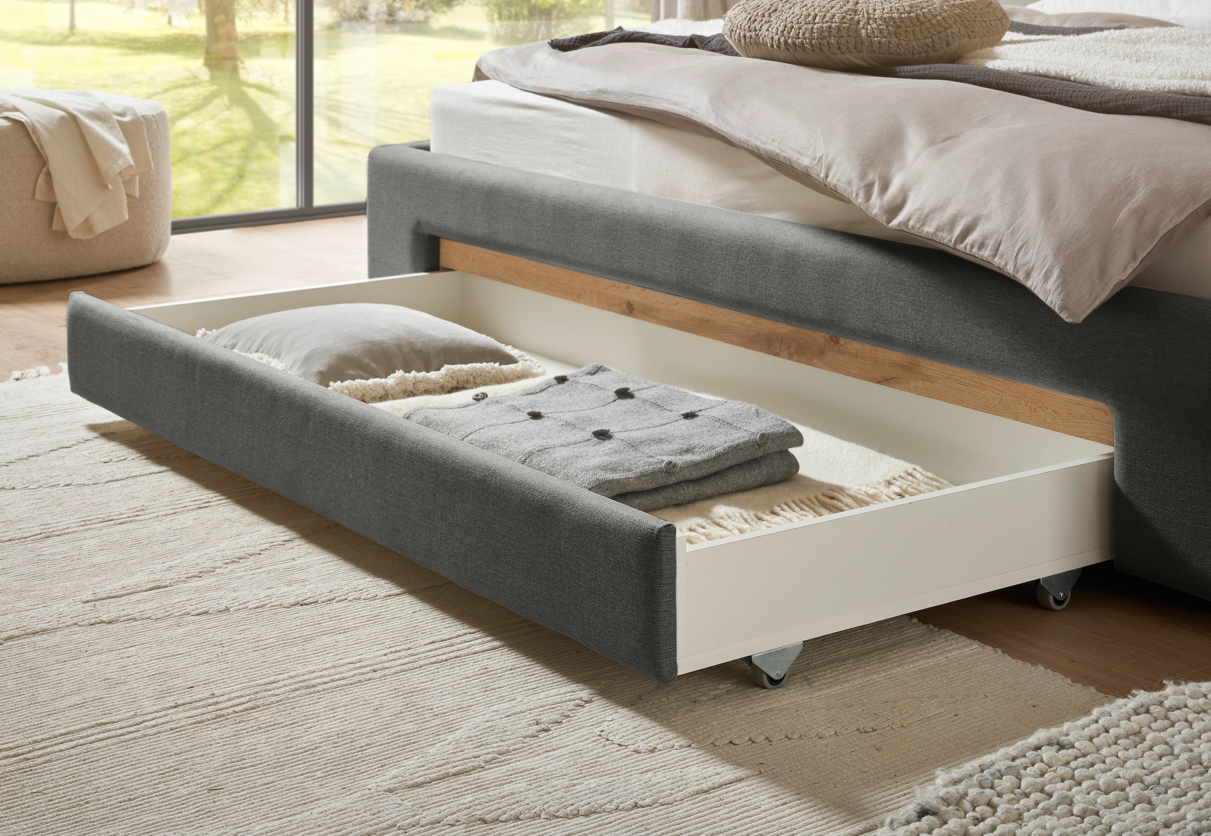 INOSIGN Polsterbett »CiTY/GiRON, Bettgestell mit Bettkasten, gepolstertes Stauraumbett«, mit Hundebett oder Stauraumschublade, Bezug Cord-oder Leinenoptik