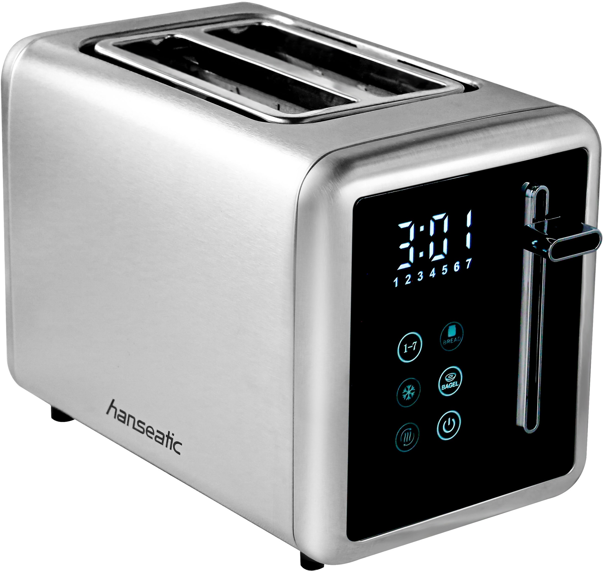 HANSEATIC Toaster "HT9007BD, mit Brötchenaufsatz", silber (silberfarben, schwarz), B:16cm H:19cm T:28cm, Toaster, LED-Display mit Timerfunktion 3
