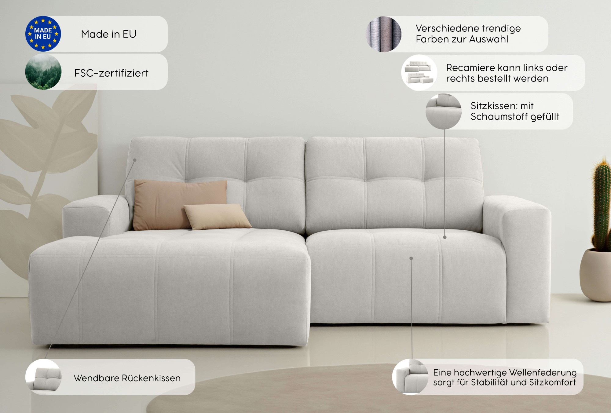 Home affaire Ecksofa »Tournon, Lounge-sofa, Breite 221 cm«, Chenille, mit Knopf- und Doppelsteppung, elegantes Aussehen