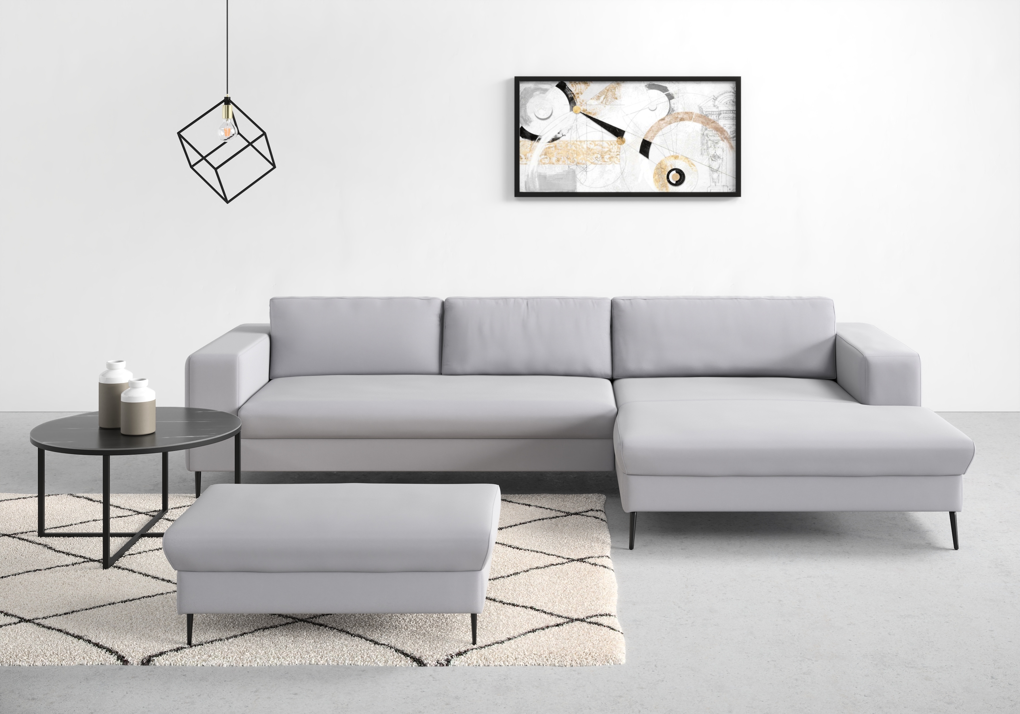 DOMO collection Ecksofa "Modica, zeitlos & elegant, Breite 329cm, hoher Fuß, bequem, L-Form" Auch in Cord, Fußhöhe passend für gängige Saugroboter