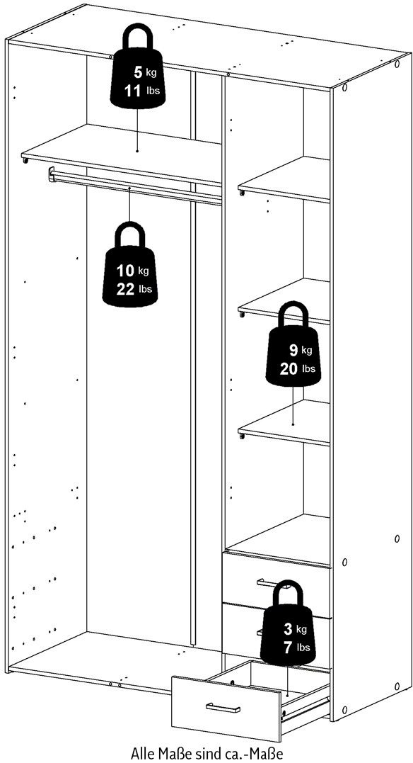 Home affaire Kinderkleiderschrank, Mit viel Stauraum, graue Stangengriffe, Gr. ca. 200,4 x 115,8 x 49,5 cm