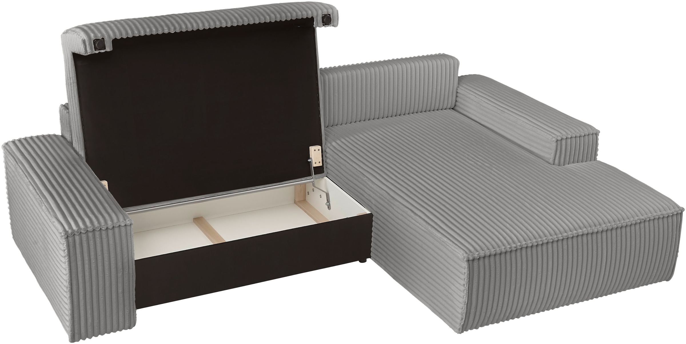 andas Ecksofa »Finnley Schlafsofa 267 cm in Bouclé, Struktur fein u. Cord, L-Form,«, Schlaffunktion m. Bettkasten (136/210 cm), Bouclé, Struktur und Cord