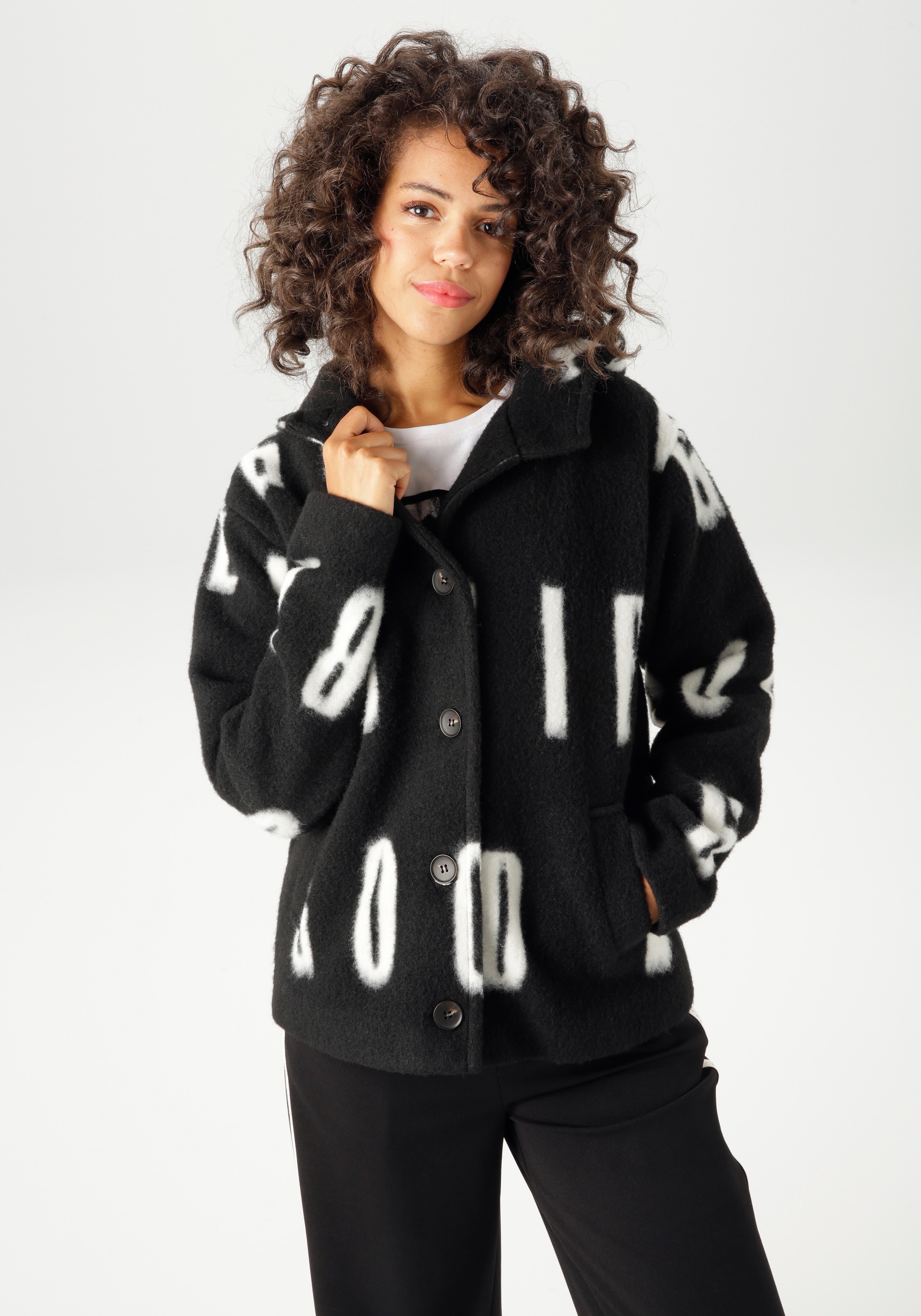 Aniston CASUAL Fleecejacke mit großflächigem "GOOD VIBES"-Schriftzug günstig online kaufen