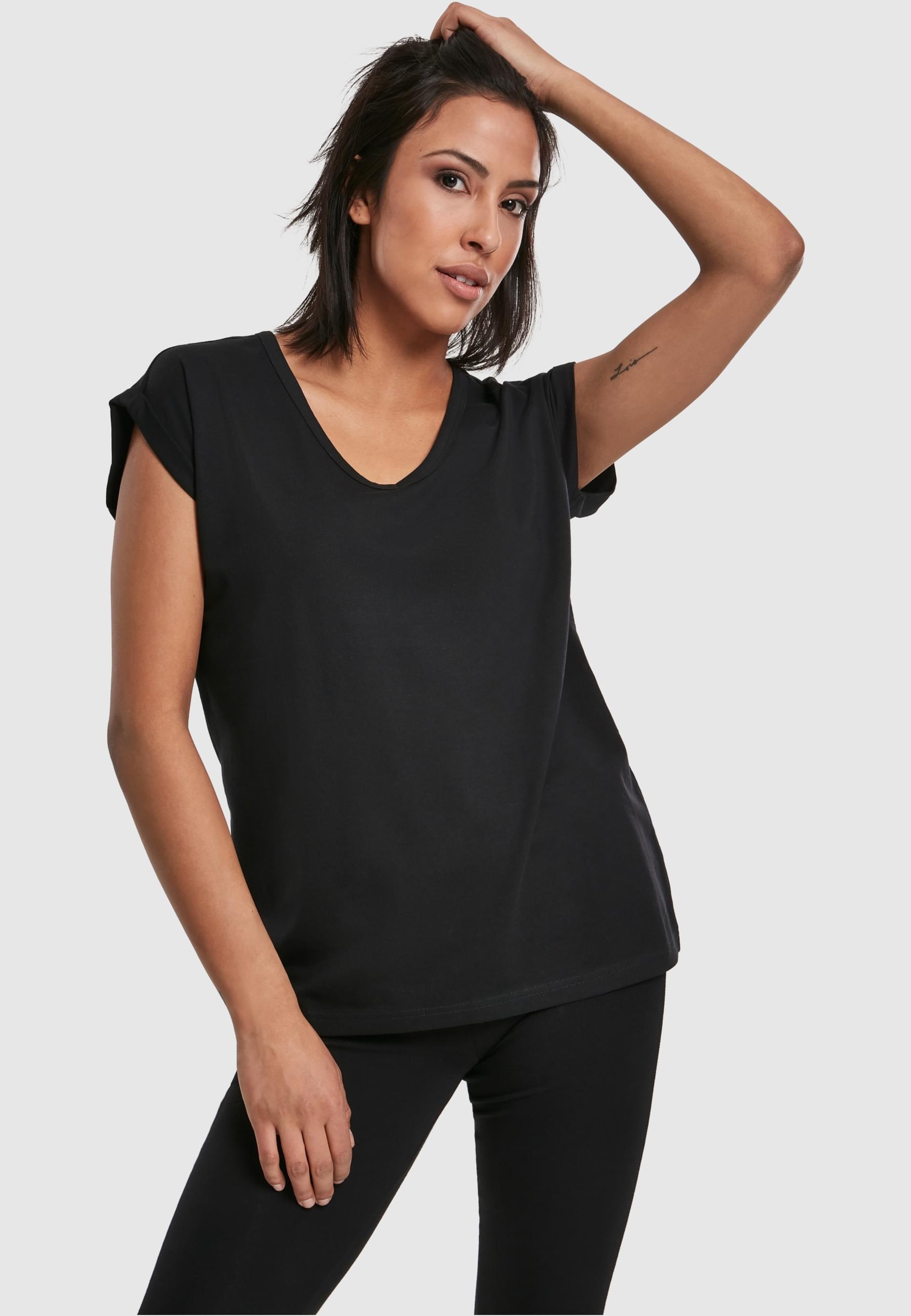 URBAN CLASSICS Kurzarmshirt »Urban Classics Damen Ladies Round V-Neck Extended Shoulder Tee«, (1 tlg.)