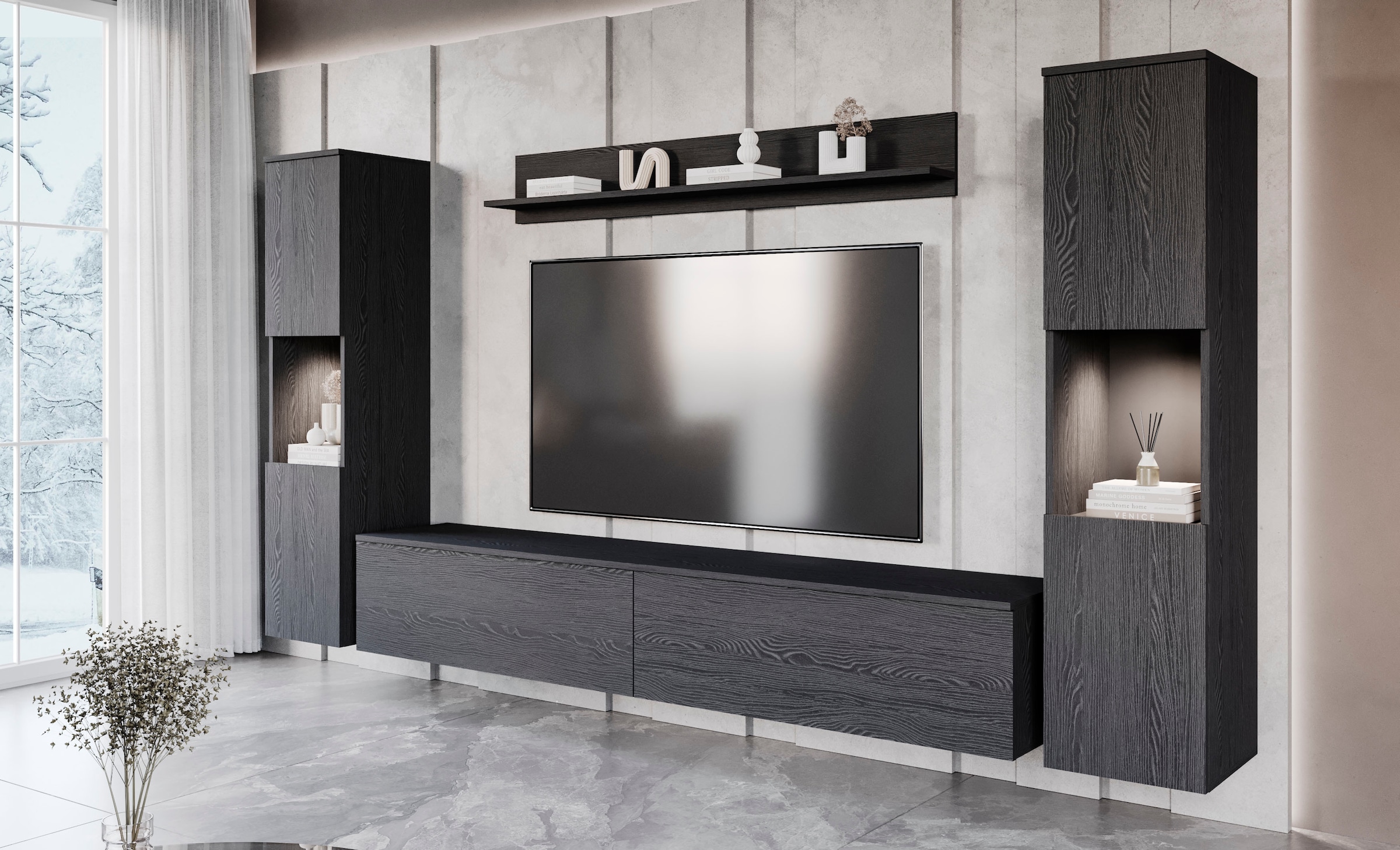 INOSIGN Wohnwand »PARIS«, (Komplett-Set, 4 St.), TV-Wand 260cm breite, grifflose Design, stehend und hängend montierbar