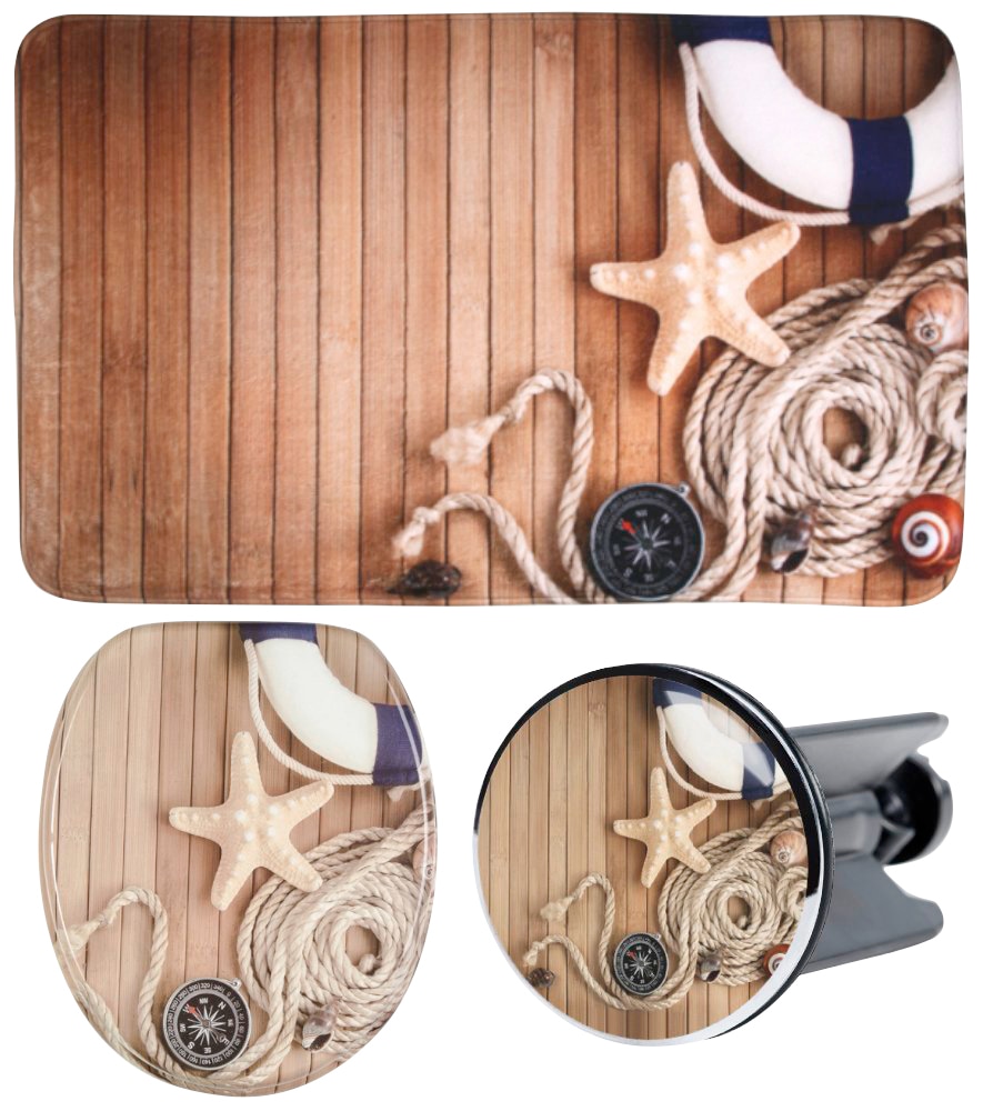 Sanilo Badaccessoire-Set »Maritime«, (Komplett-Set, 3 tlg.), bestehend aus WC-Sitz, Badteppich und Waschbeckenstöpsel
