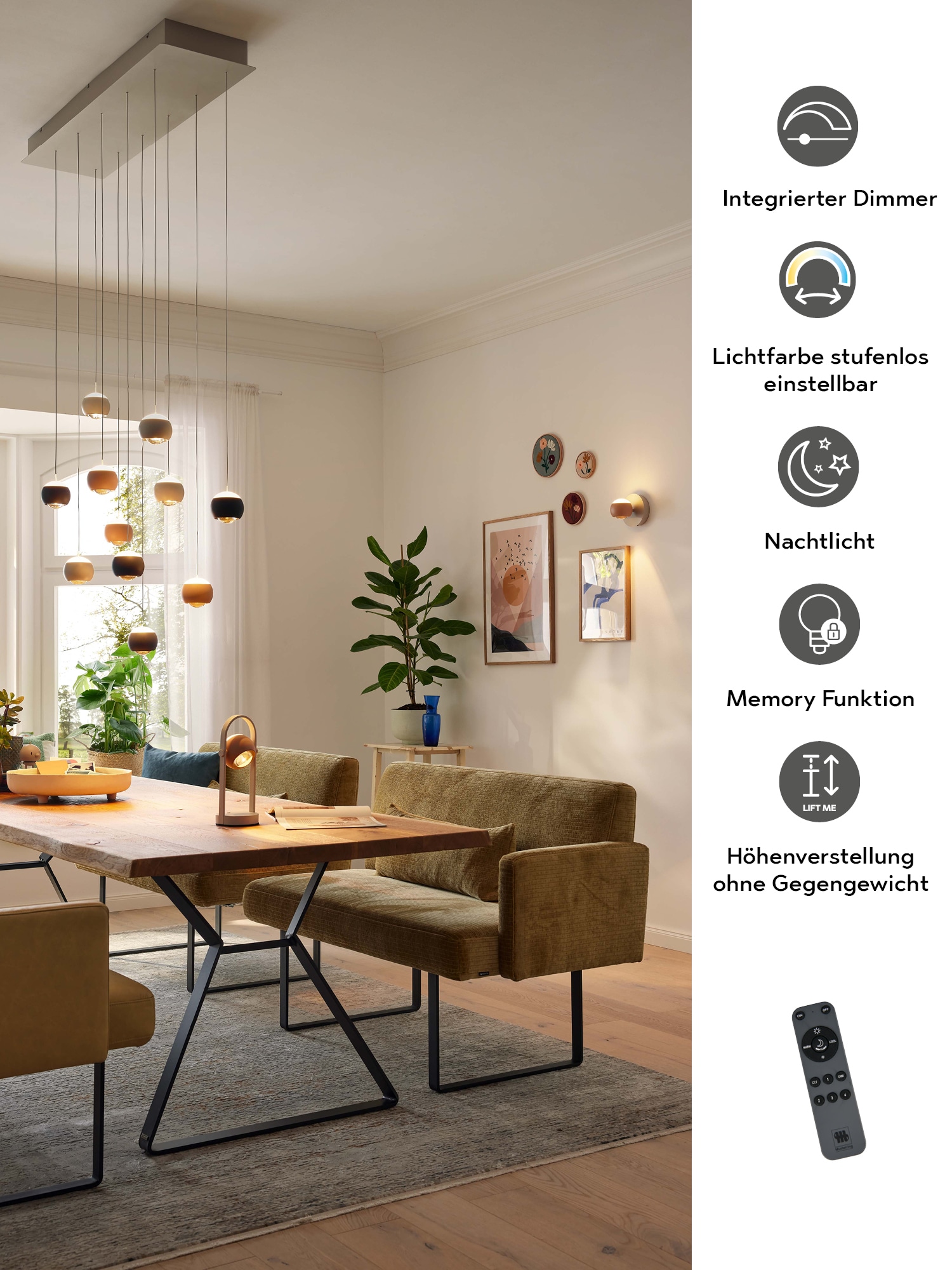 Musterring LED Pendelleuchte »CANNON, 3-flammige LED Hängelampe 5W 500Lumen 2300-4000K CCT« LED-Board 1 Stk. Farbwechsler | warmweiß - kaltweiß mit Fernbedienung, stufenlos höhenverstellbar max 195cm dimmbar Memory