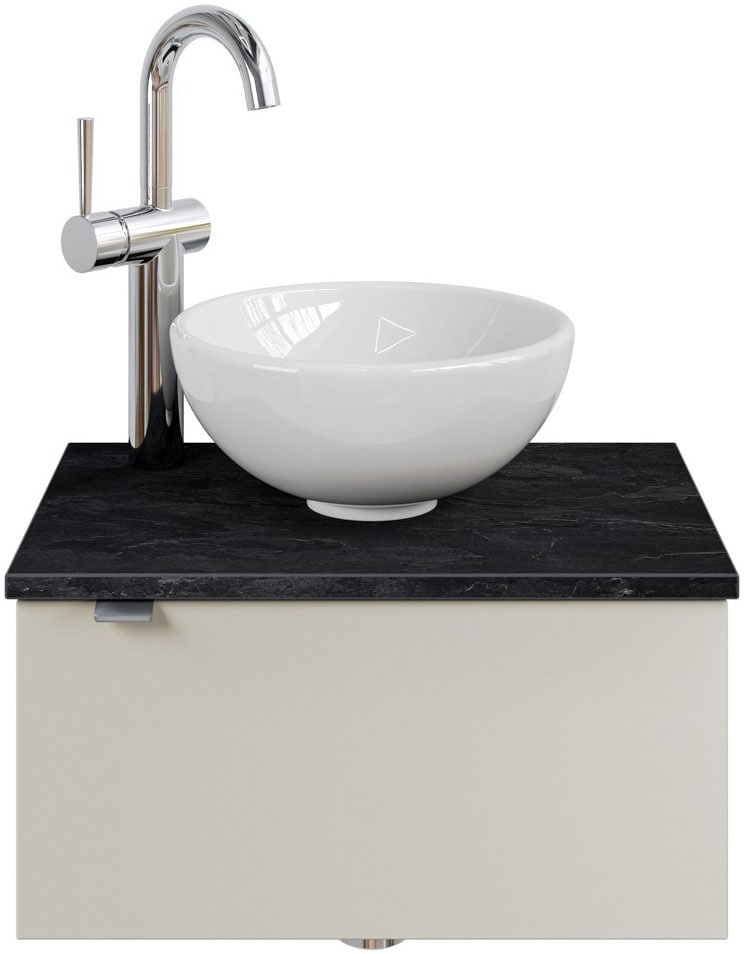 Saphir Waschtisch "Serie 6915 Waschschale mit Unterschrank für Gästebad, Gäste WC" Keramik-Aufsatzbecken, Waschtischplatte, Waschtischunterschrank, 3 Stk. tlg. 51 cm mit Keramik-Aufsatzbecken und 1 Tür
