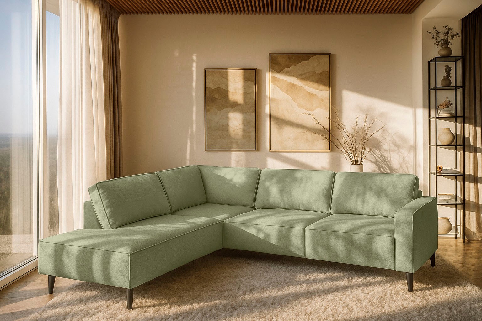 OTTO home Ecksofa "Fumone, Lederoptik oder Soft-Touch Chenille" Breite 260, mit schwarzen Massivholzfüßen