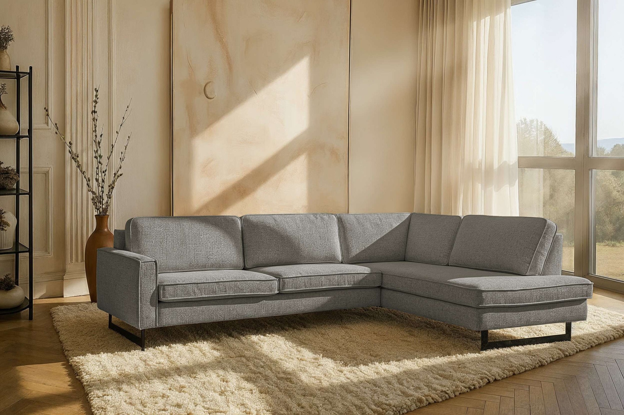 OTTO home Ecksofa "Pinto, 290 cm, Cord, Chenille, Lederoptik, Ottomane links / rechts" mit Keder, schwarze Metallfüße, Wellenunterfederung