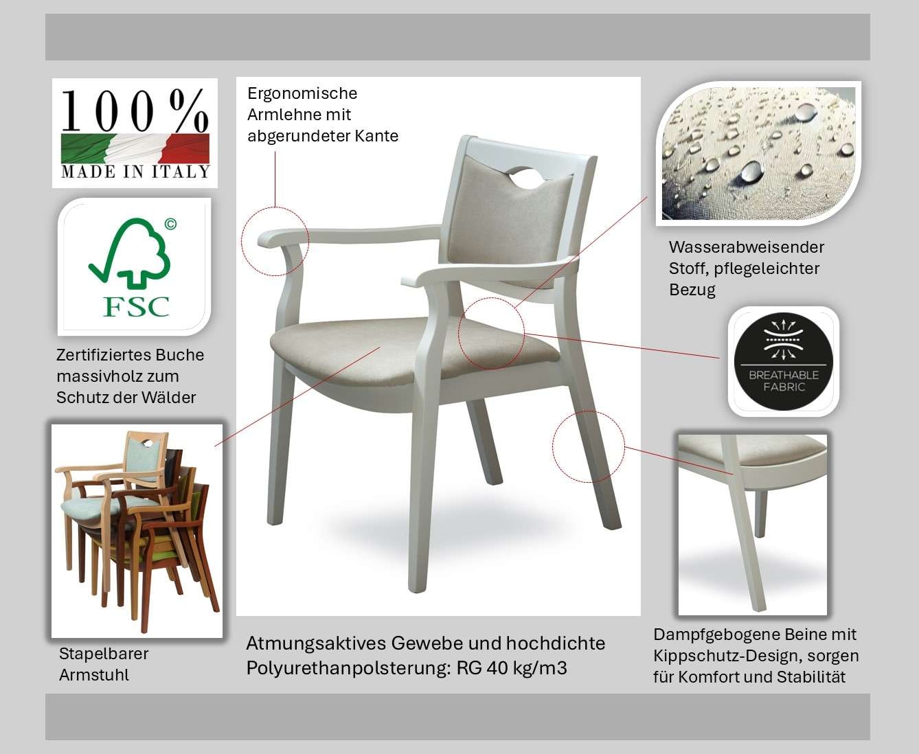 Home affaire Armlehnstuhl »London, Stuhl, Komfortsessel, 3 Gestellfarben, Made in Italy« () 1 Stk.Extra-komfortabel, ergonomisch, fleckenabweisendes Gewebe, Massivholz