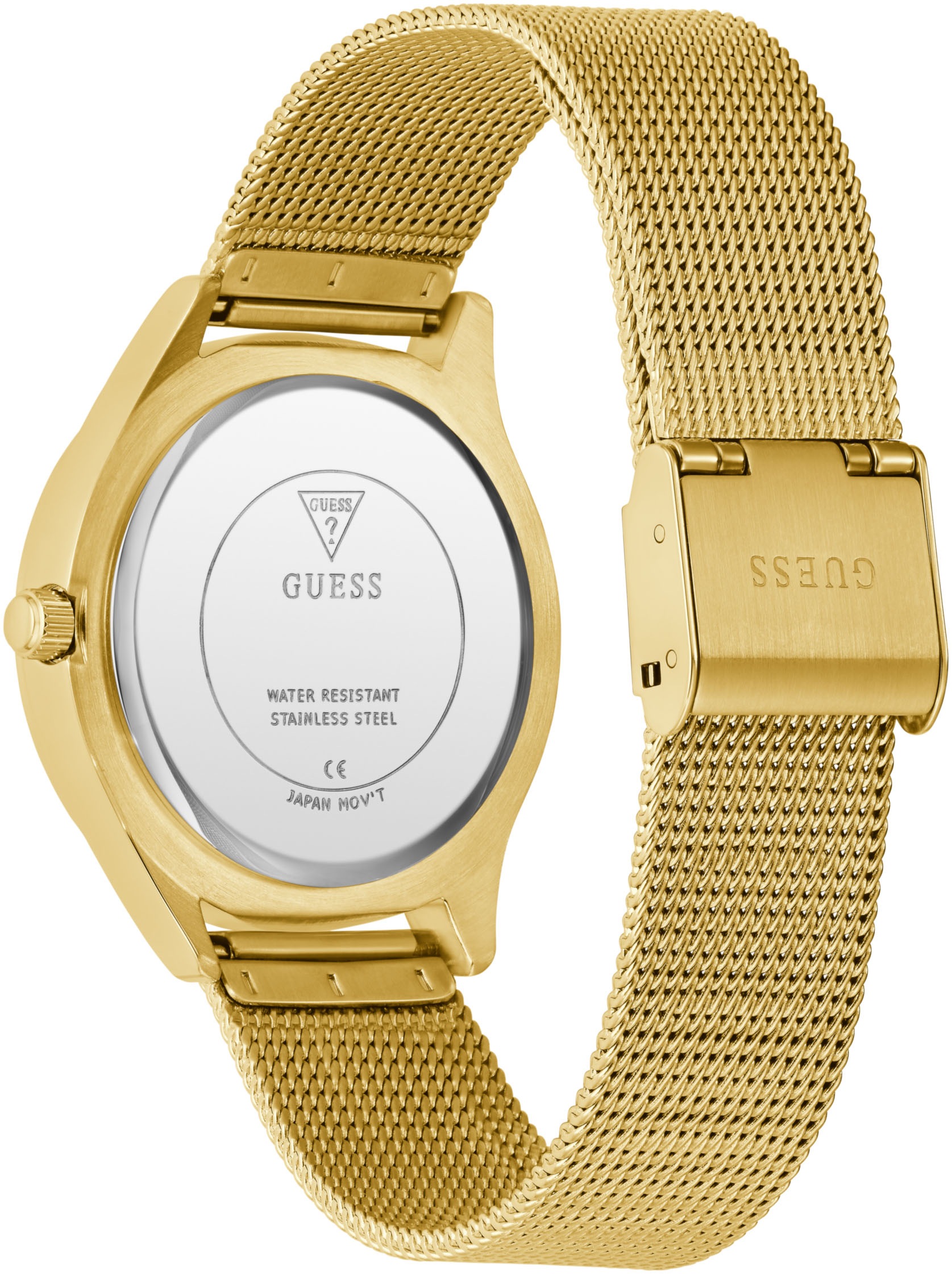 Guess Quarzuhr »GLITZ PLAQUE«, Armbanduhr, Damenuhr, Edelstahlarmband, Mineralglas, analog