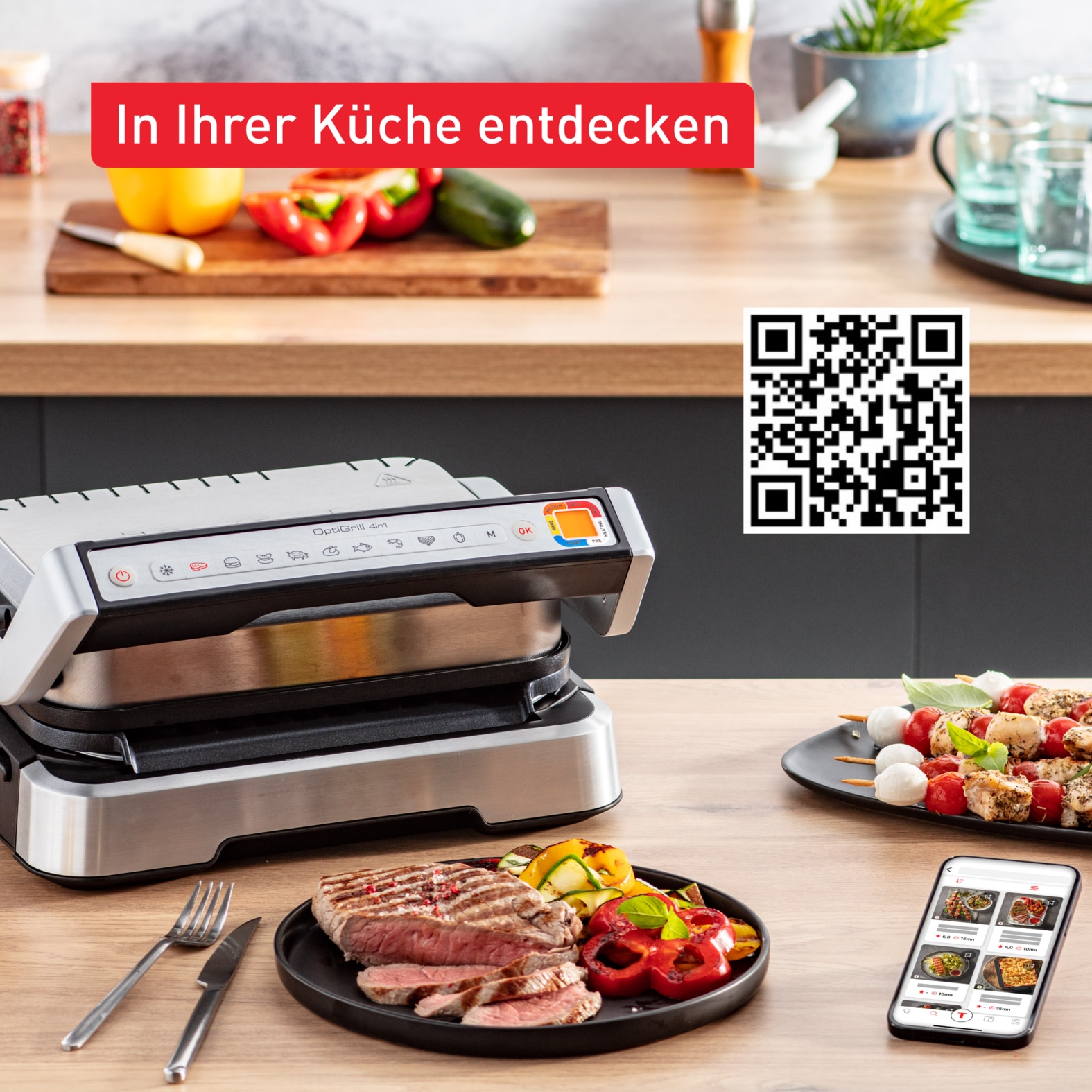 Tefal Kontaktgrill »GC774HP OptiGrill 4in1«, 2100 W, inkl. Backschale, aufklappbar. Gratis: Hamburger Presse