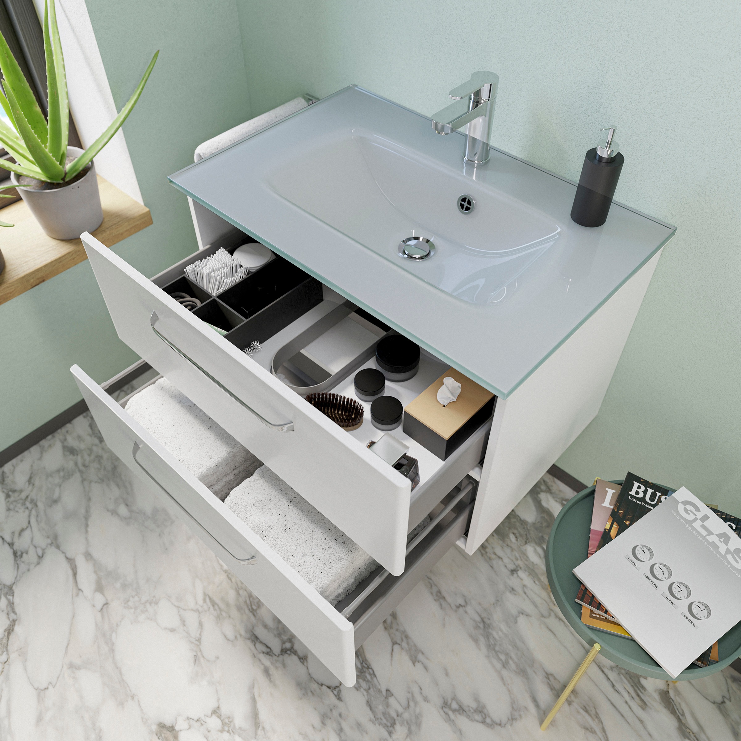 Saphir Badmöbel-Set »Badmöbel-Set Trentino 3-teilig Glas-Waschtisch mit LED-Spiegelschrank«, (4 St.), Badezimmer-Set mit Unterschrank inkl. Türdämpfer