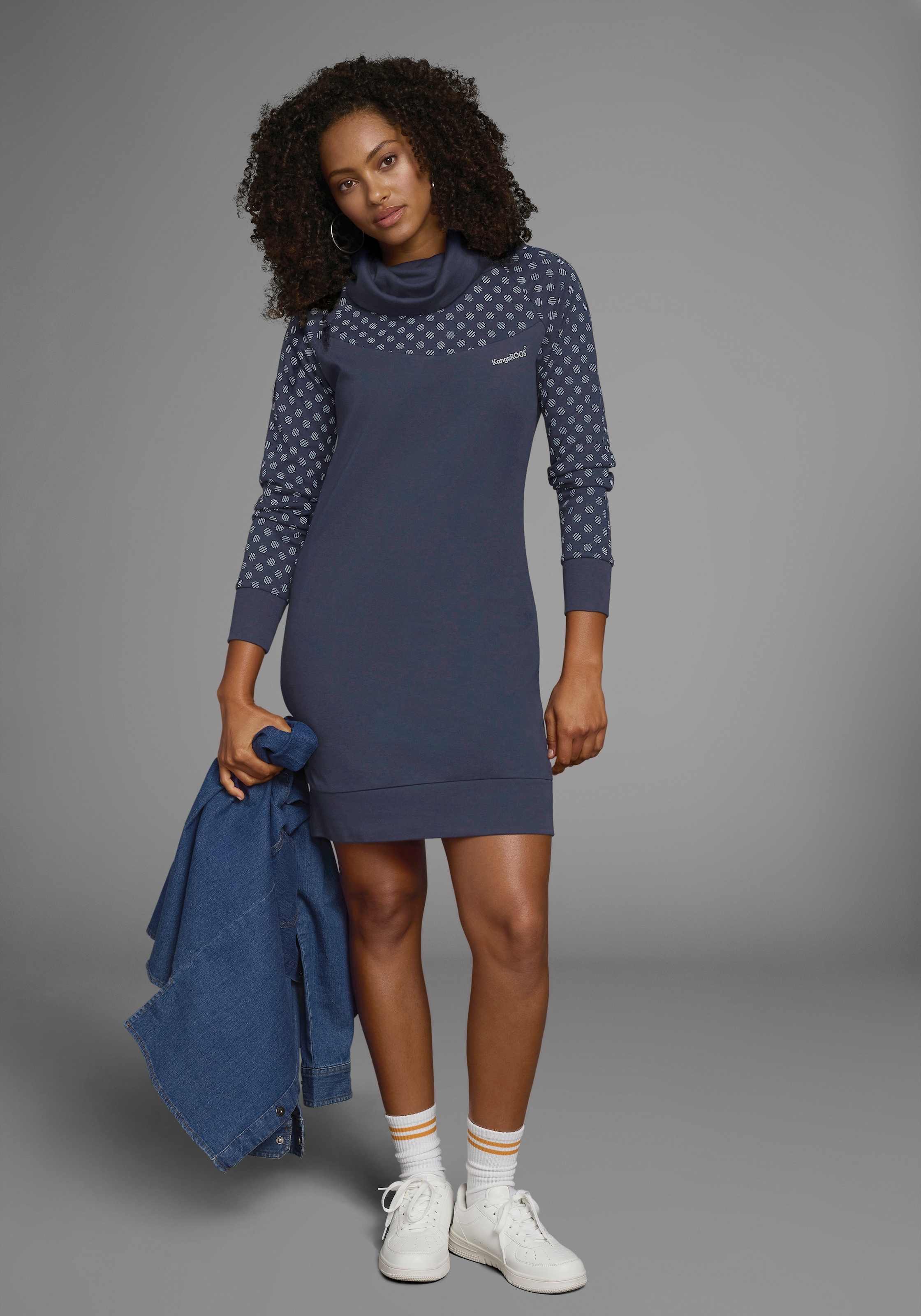 KangaROOS Sweatkleid, lang, aus Baumwolle, Langarm, mit breiten Rippbündchen