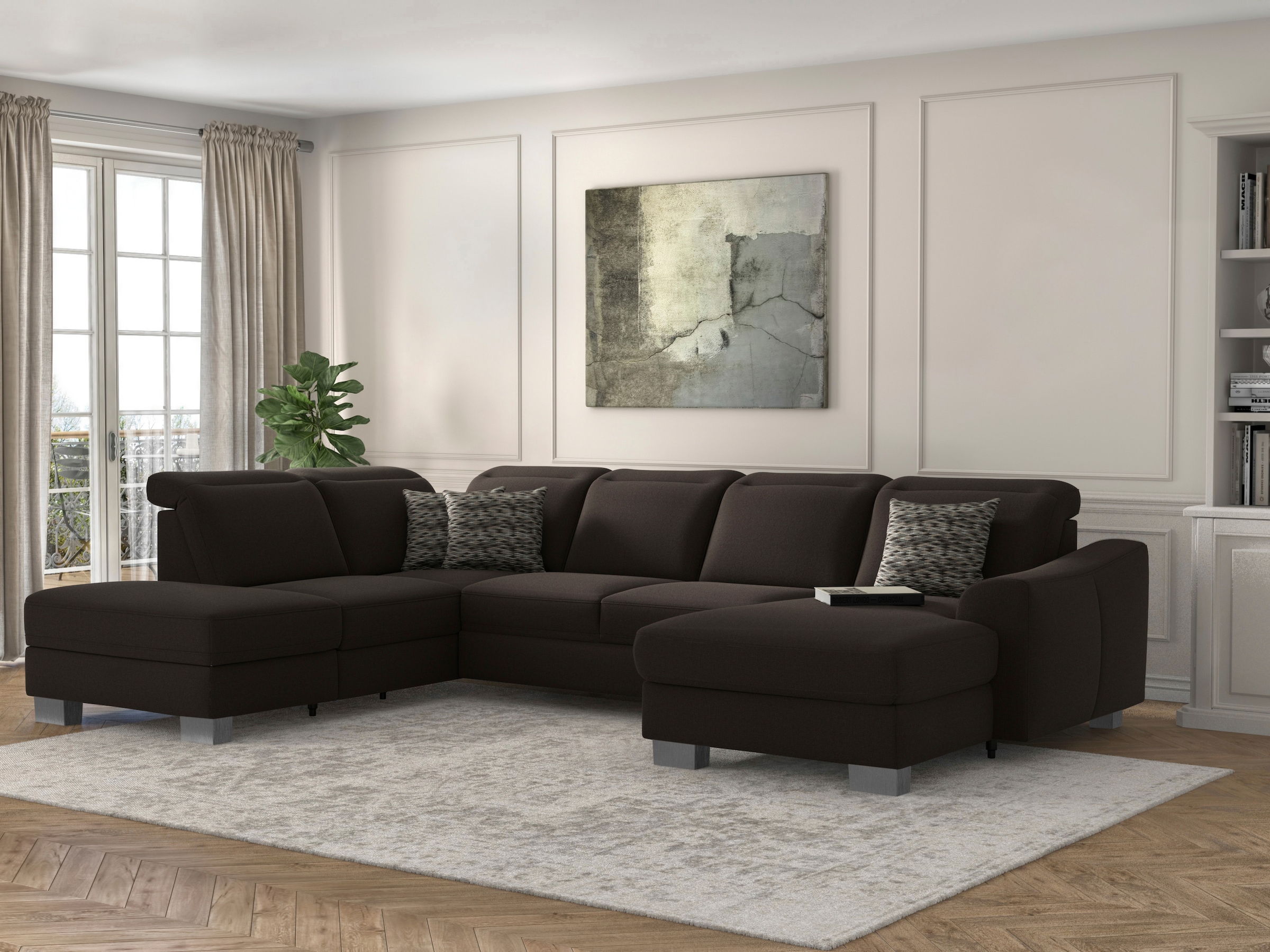 Wohnlandschaft SIT & MORE "Dundee U-Form", braun (espresso), B:338cm H:86cm T:219cm, Sofas, Wohnlandschaft, mit Federkern und Edelstahlfüßen, wahlweise mit Kopfteilverstellung