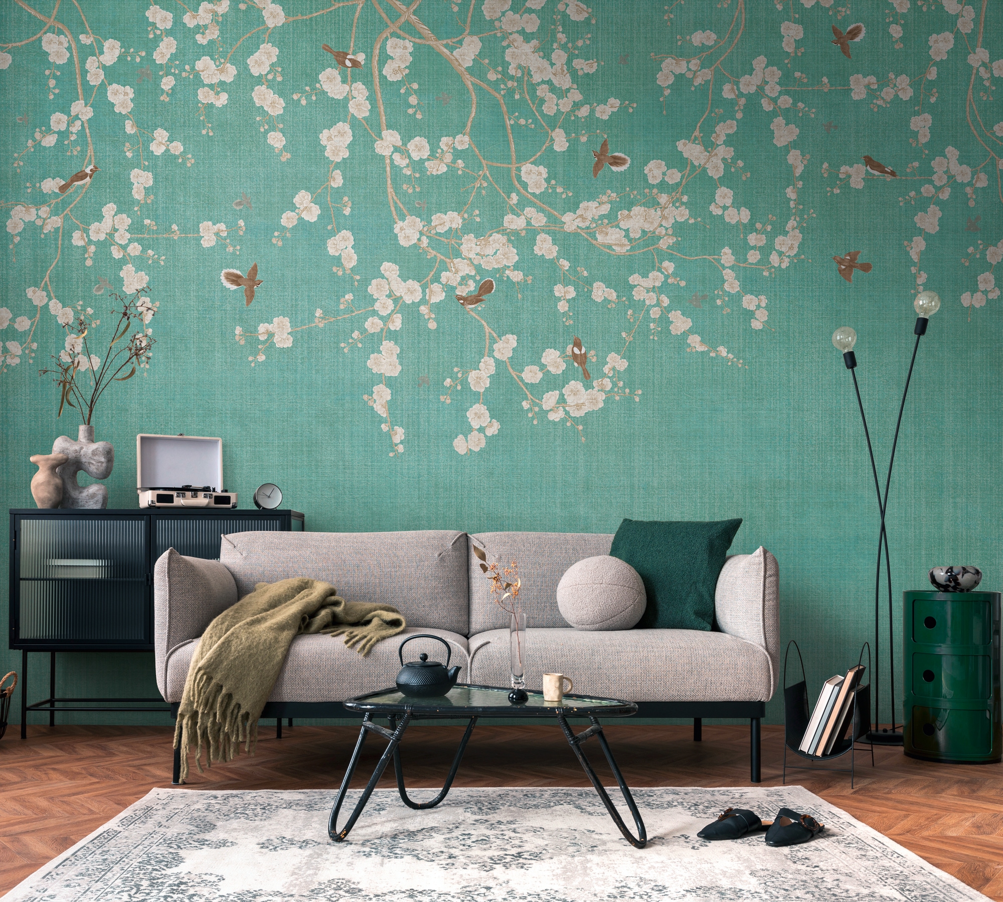 living walls Fototapete "THE WALL III florale Tapete Motivtapete Blumenranke Vögel" matt glatt Vliestapete Vögel für Schlafzimmer Küche Wohnzimmer Floral Design Flur