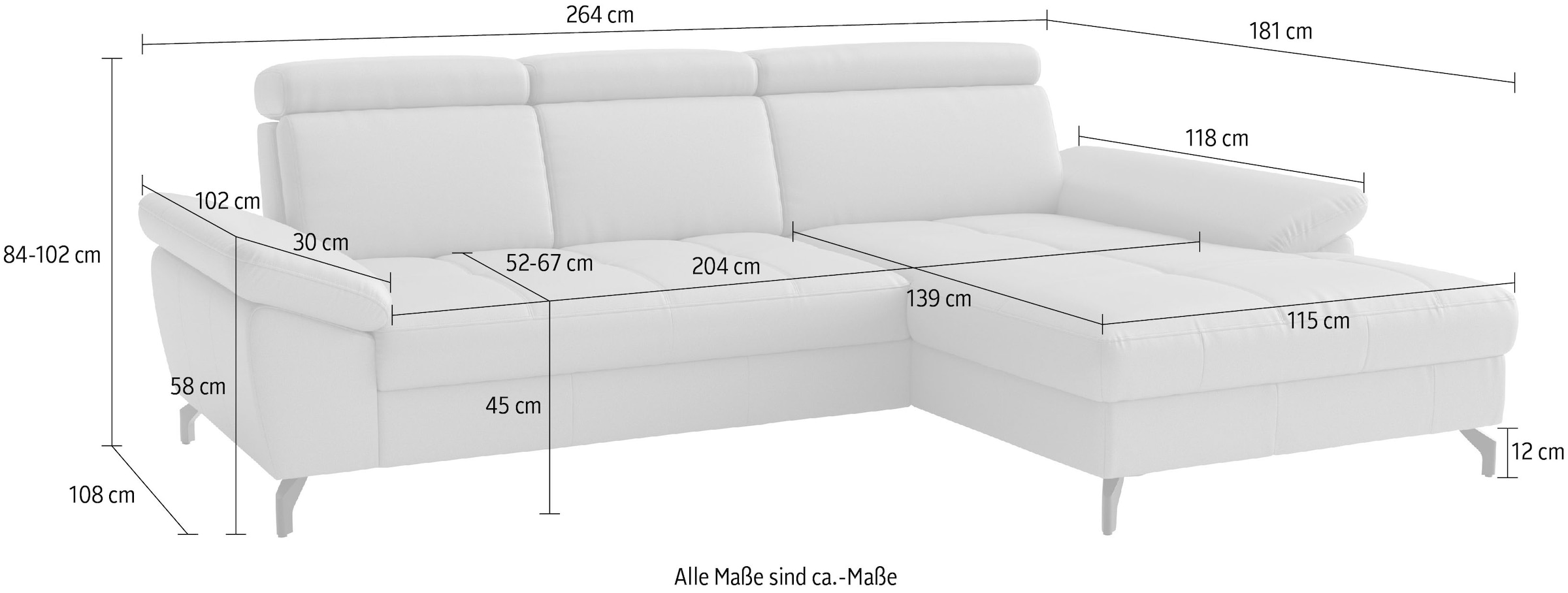 sit&more Ecksofa »Vanity L-Form, B: 264 cm, Leder« Inkl.Sitz-,Kopf-und Armteilverstellung