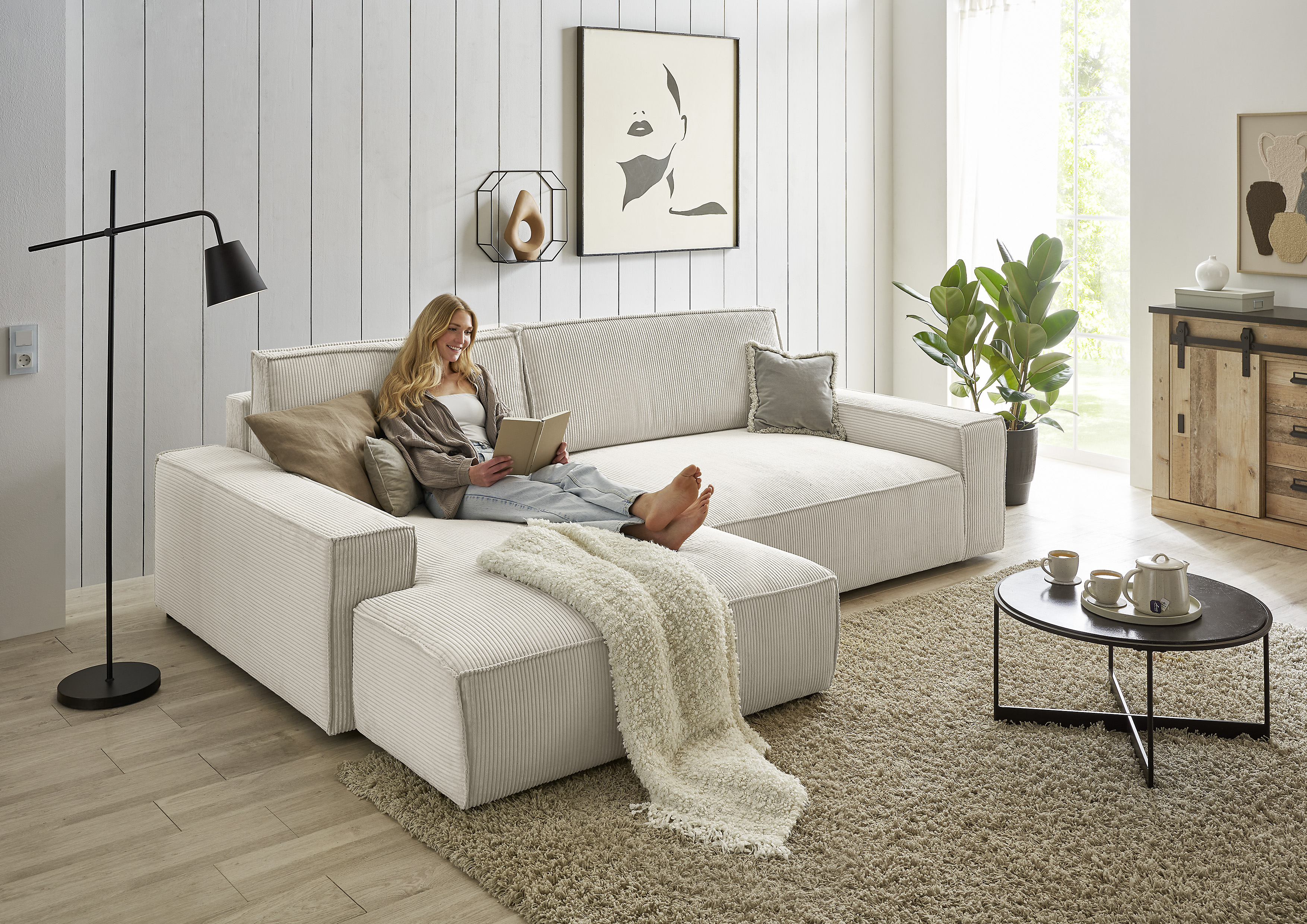 OTTO home Ecksofa "SHERWOOD XXL Cord 284, Big-Sofa L-Form, tiefe Sitzfläche 95 cm" Recamiere rechts/links, als Schlafsofa stellbar, Cord u. Leinenoptik