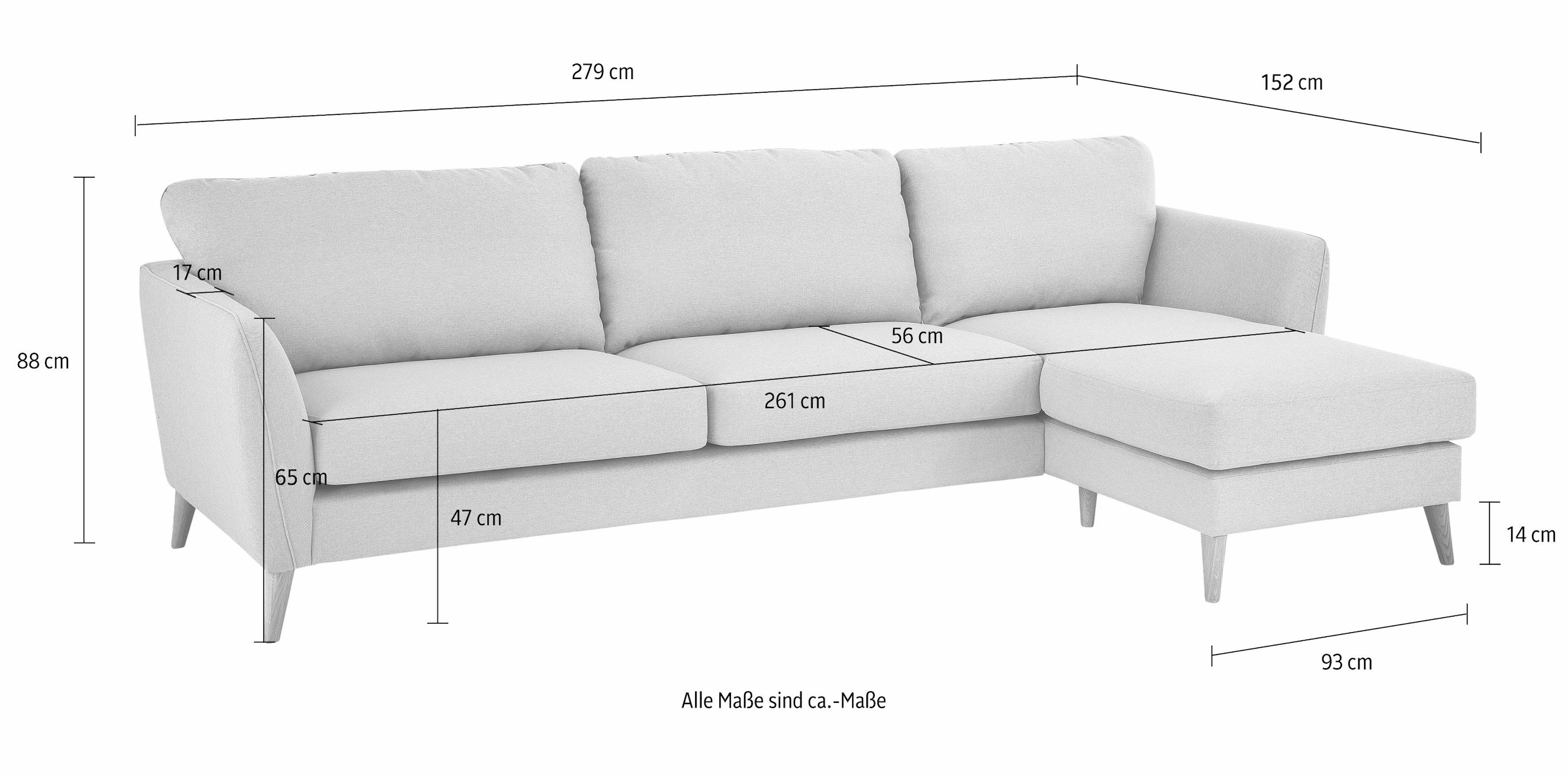 Home affaire Ecksofa »MARSEILLE (279/152cm),L-Form, Rec. rechts/links, verschiedene Bezüge«, Massivholzbeine Eiche, Landhausstil, Wellenunterfederung